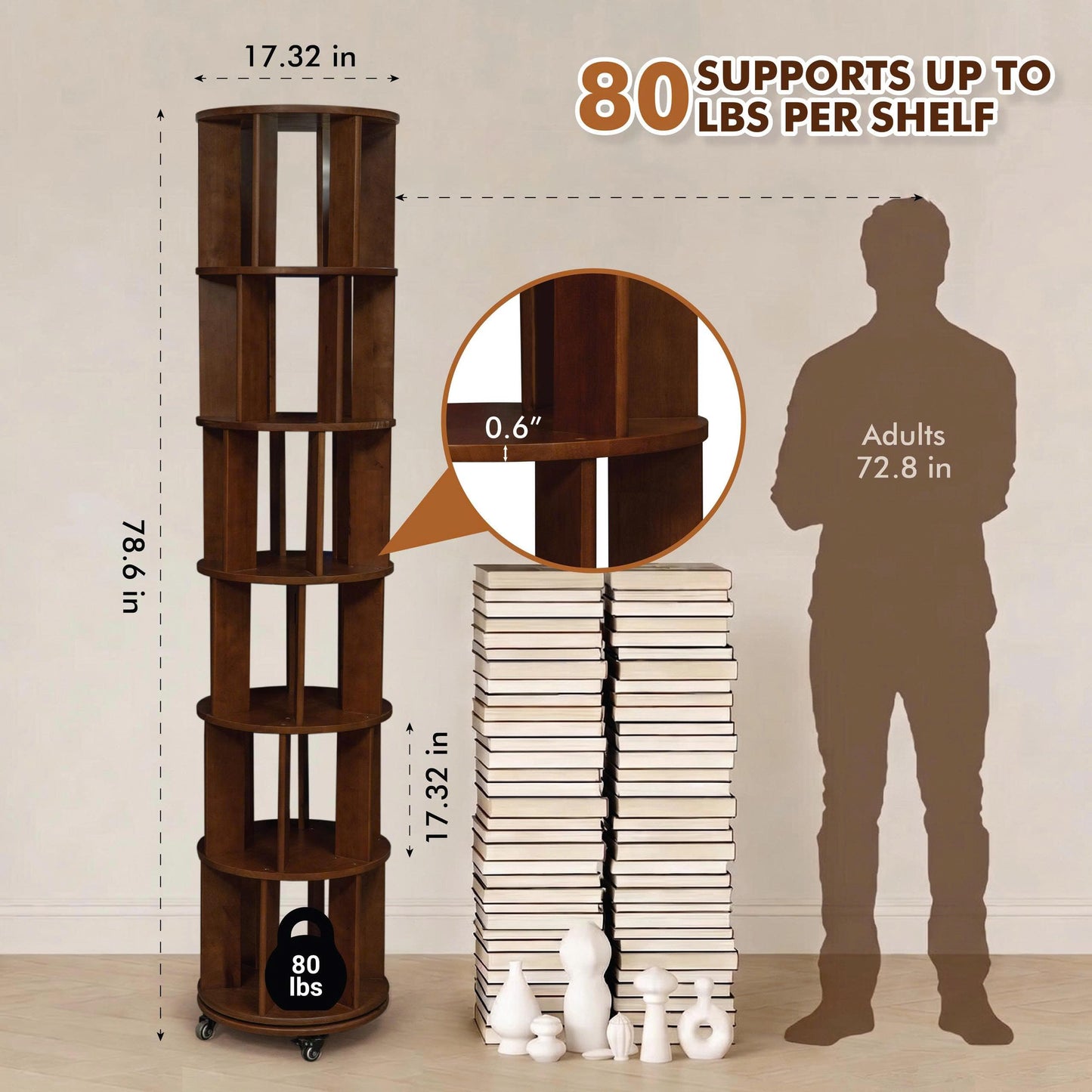Rotating Bookshelf Tower on Wheels, Solid Rubber Wood Spinning, Round Bookcase with Lockable Casters, 360° Rolling, Book Shelf for Small Spaces, Corner, Home Office & Bedroom (6 Tier - Walnut)