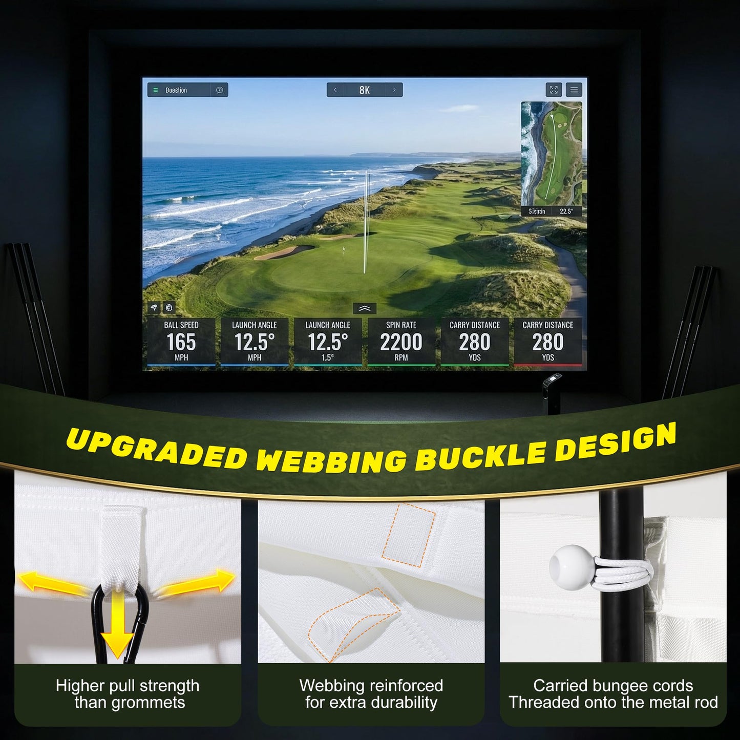 Aerixtron Golf Impact Screen, 3D Air Mesh Golf Simulator Impact Screen, Thicken HD Projector Screen for Hitting Training Practice Home/Indoor/Outdoor with Webbing Buckles & Bungee Cords-11.5 x 9.8 ft