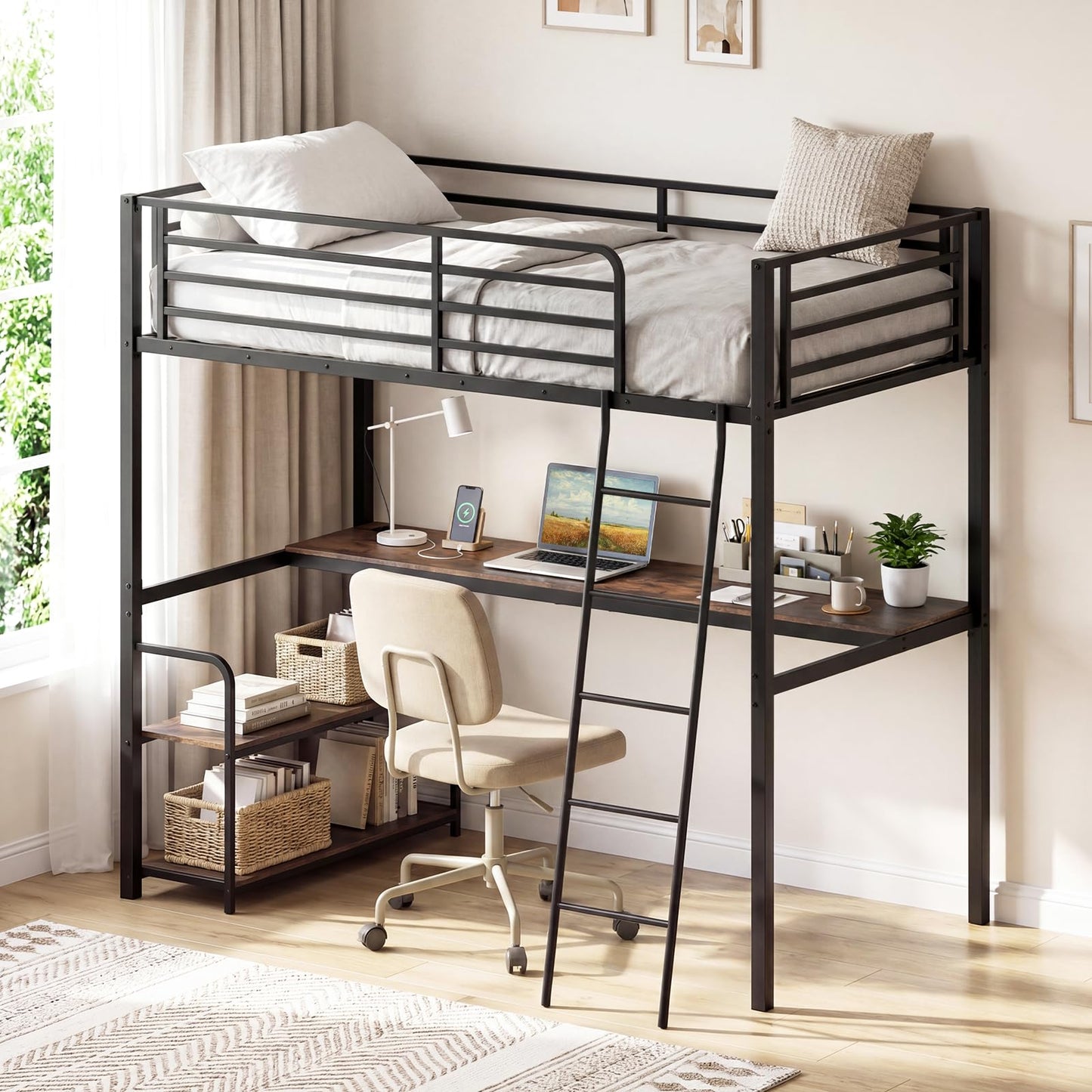 KOMFOTT Twin Loft Bed with Desk & Shelves, Heavy Duty Metal Bed Frame with Charging Station, Inclined Ladder & Guardrails, Space-Saving Metal Loft Bed for Kids, Teens, Adults, No Box Spring Needed