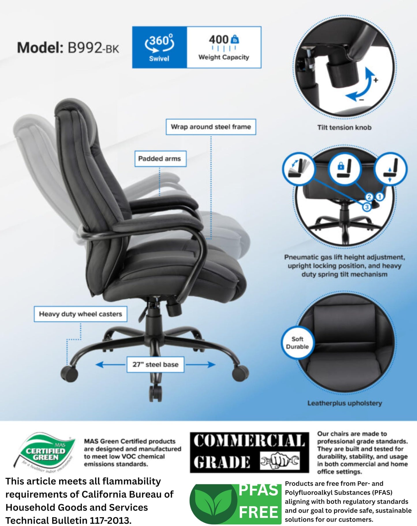 Boss Office Products Heavy Duty Executive Chair with 350lbs Weight Capacity in Black
