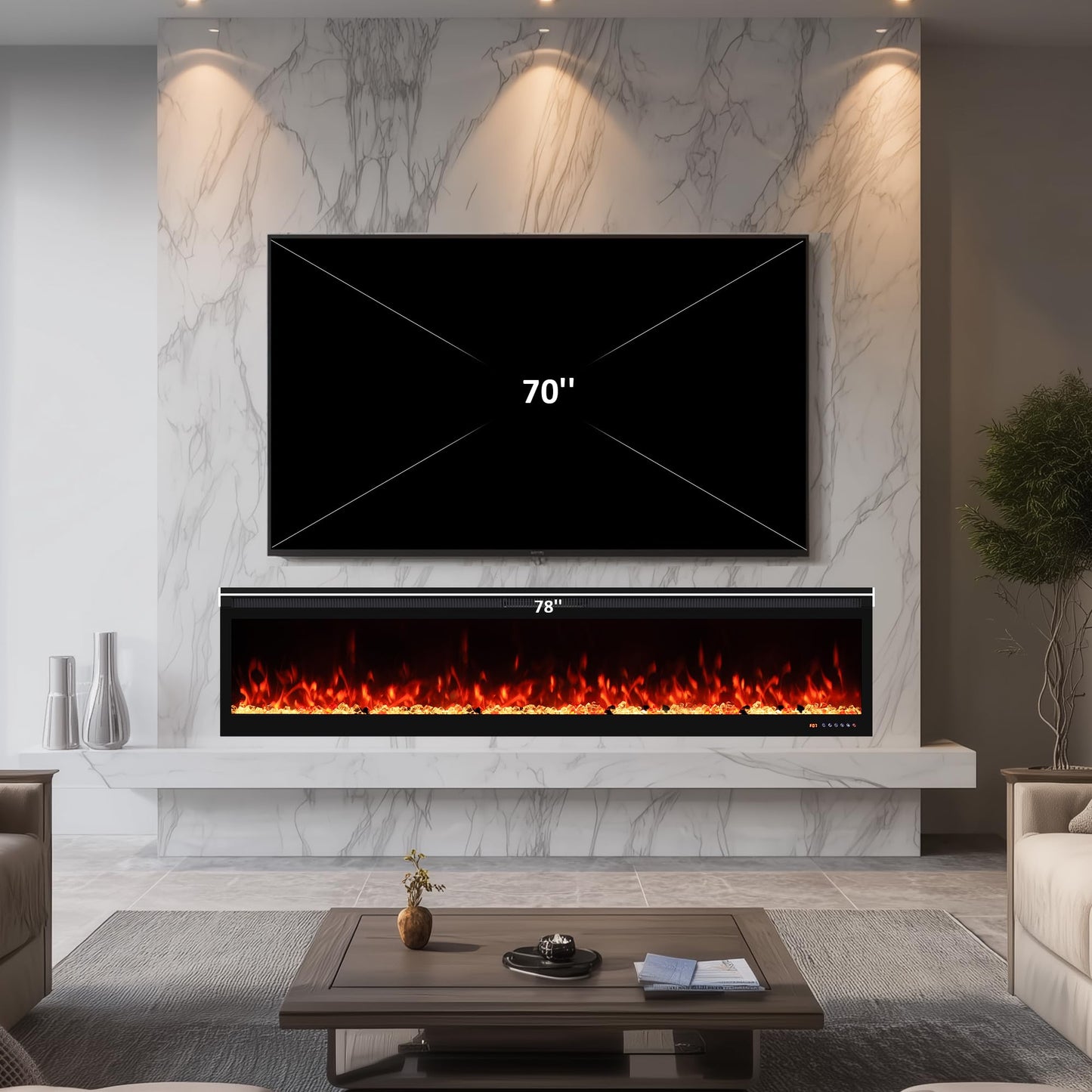 Oxhark Flame Narrow Frame WiFi Electric Fireplace 78 Inch, Wall Mount or in-Wall Recessed Fireplace Heater, App/Remote Control,Adjustable Flame Effects, 9H Timer & Low Noise, 750W/1500W, Black
