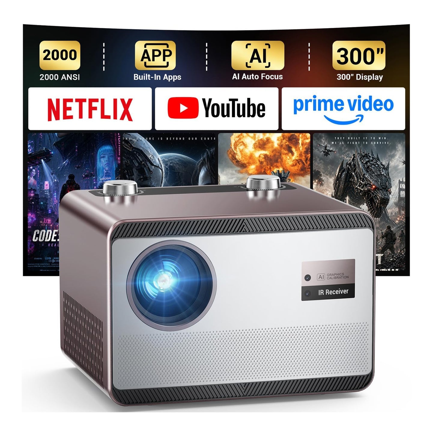 2000 ANSI Lumens Built-in Streaming App Full HD Smart Projector, HAPPRUN Native 1080P Movie Projector with Auto Focus, WiFi and Bluetooth, 300'' Large screen, Suitable for Home, Outdoor and Indoor