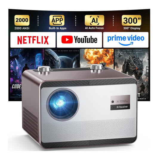 2000 ANSI Lumens Built-in Streaming App Full HD Smart Projector, HAPPRUN Native 1080P Movie Projector with Auto Focus, WiFi and Bluetooth, 300'' Large screen, Suitable for Home, Outdoor and Indoor