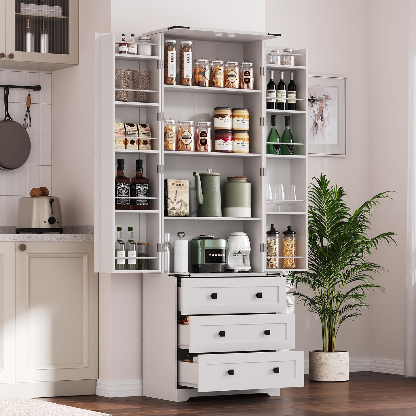 IDEALHOUSE Farmhouse Kitchen Pantry Cabinet - 72" Tall Large Wood Kitchen Storage Cabinets with Adjustable Shelves & 2 Barn Doors & 3 Drawer, Versatile Storage for Dining Room, Bathroom, Living Room