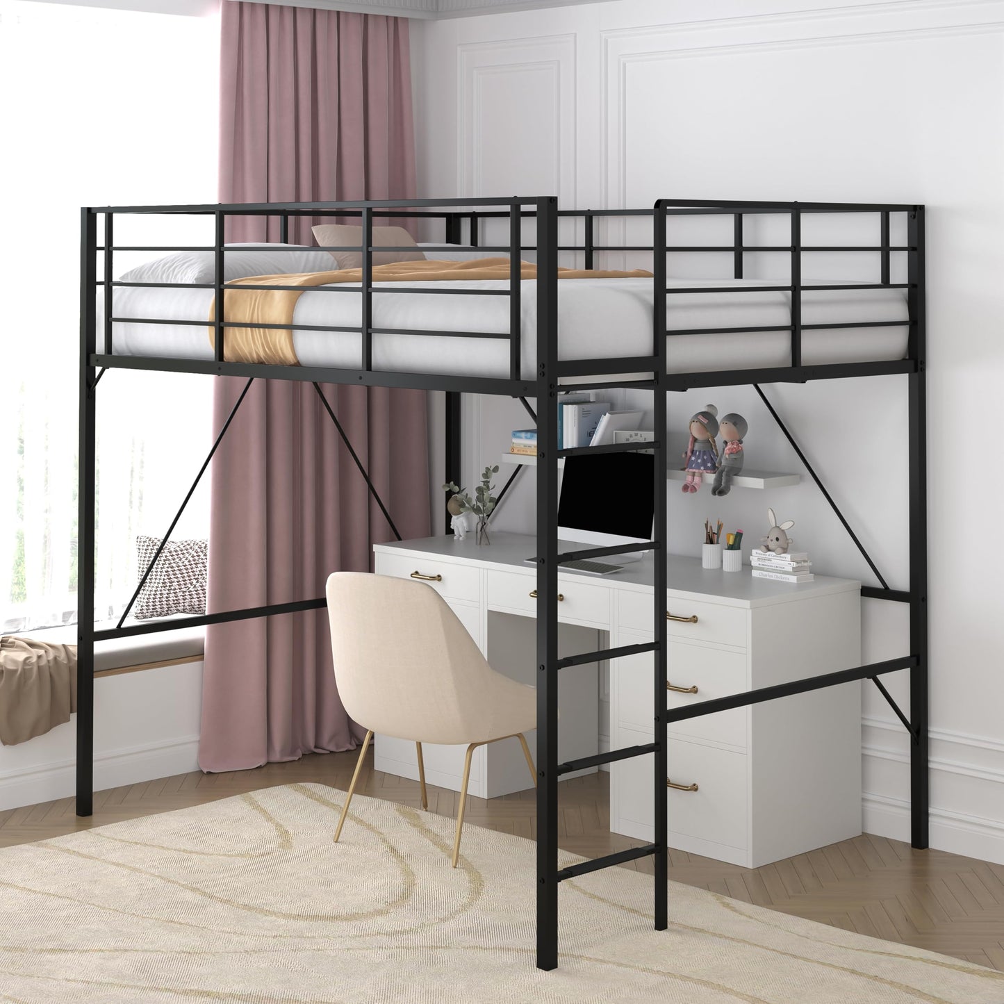 Realhotan 75Inch Queen Loft Bed with Ladder and High Guardrail, No Box Spring Required,Space-Saving,No Sagging Metal Slat Support Heavy Duty Bedframe, Black