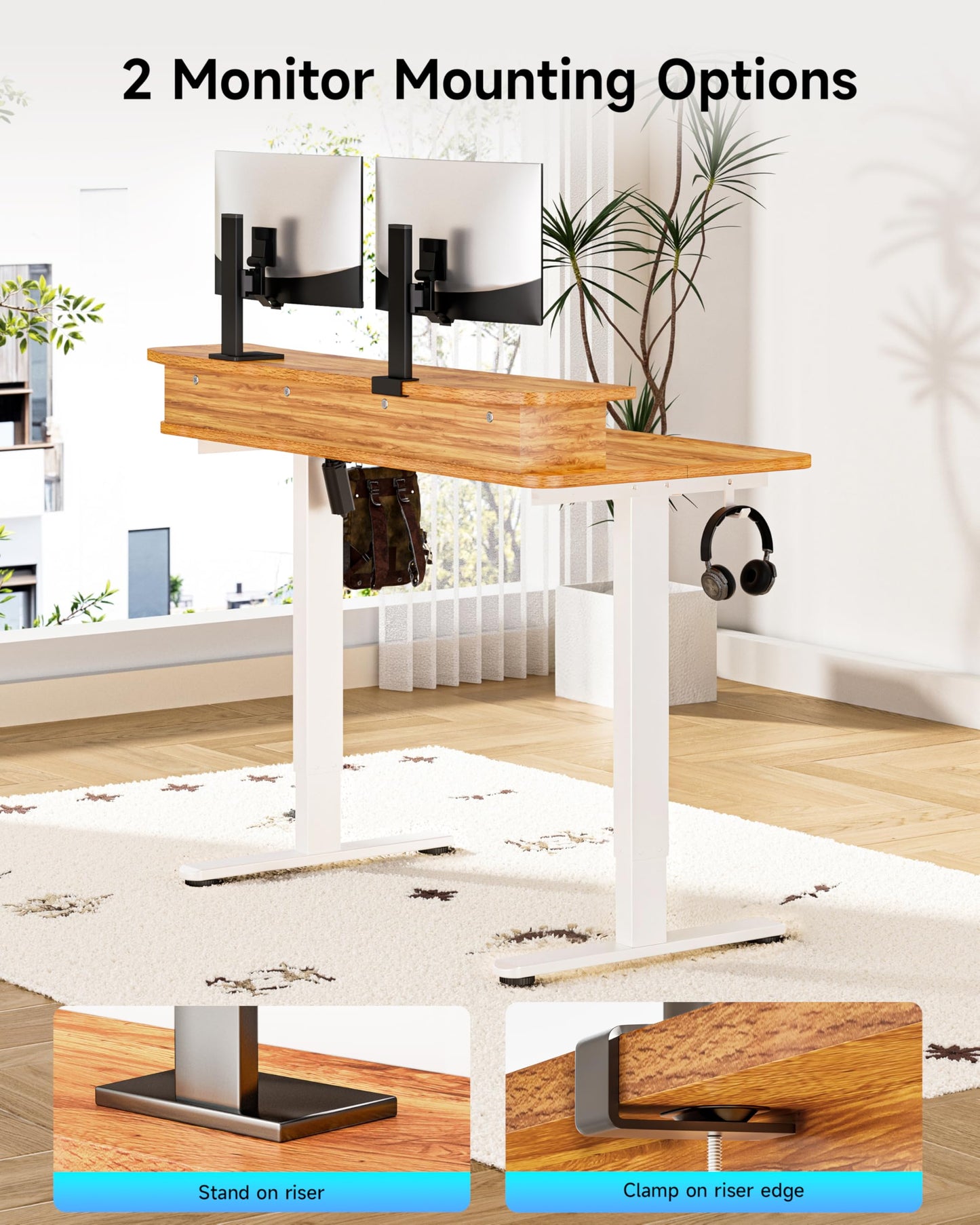 BIZUM Standing Desk with 2 Drawers Computer Desk-Stand up Desk Home Office Gaming Memory Desks C-Clamp Mount Compatible, 48x24 Inch Light Rustic Brown