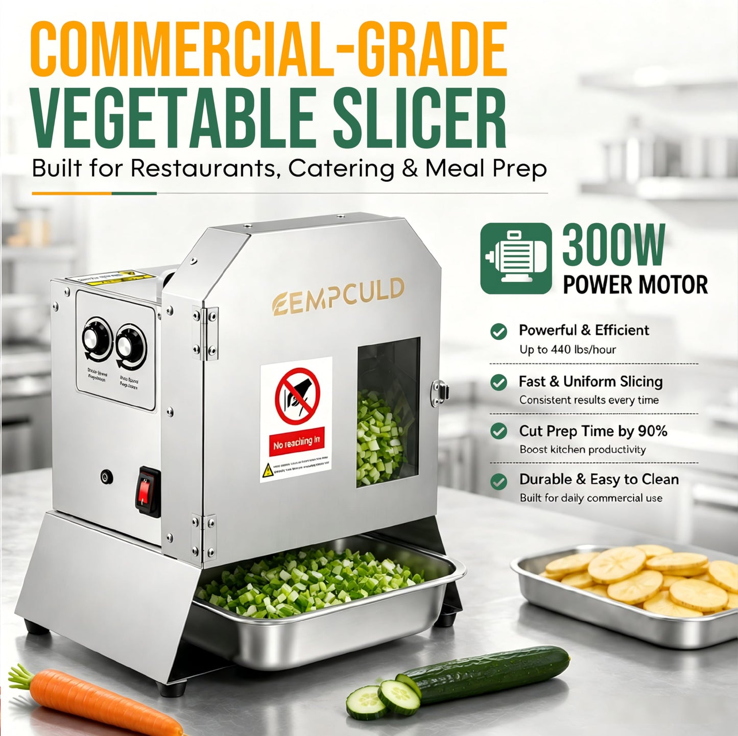 EMPCULD Electric Vegetable Slicer, 300W High-efficiency Automatic Fruit Slicer, 1-35mm Adjustable Thickness Vegetable Cutter for Home and Commercial Use, Track and Blade Rotation Speed Adjustable