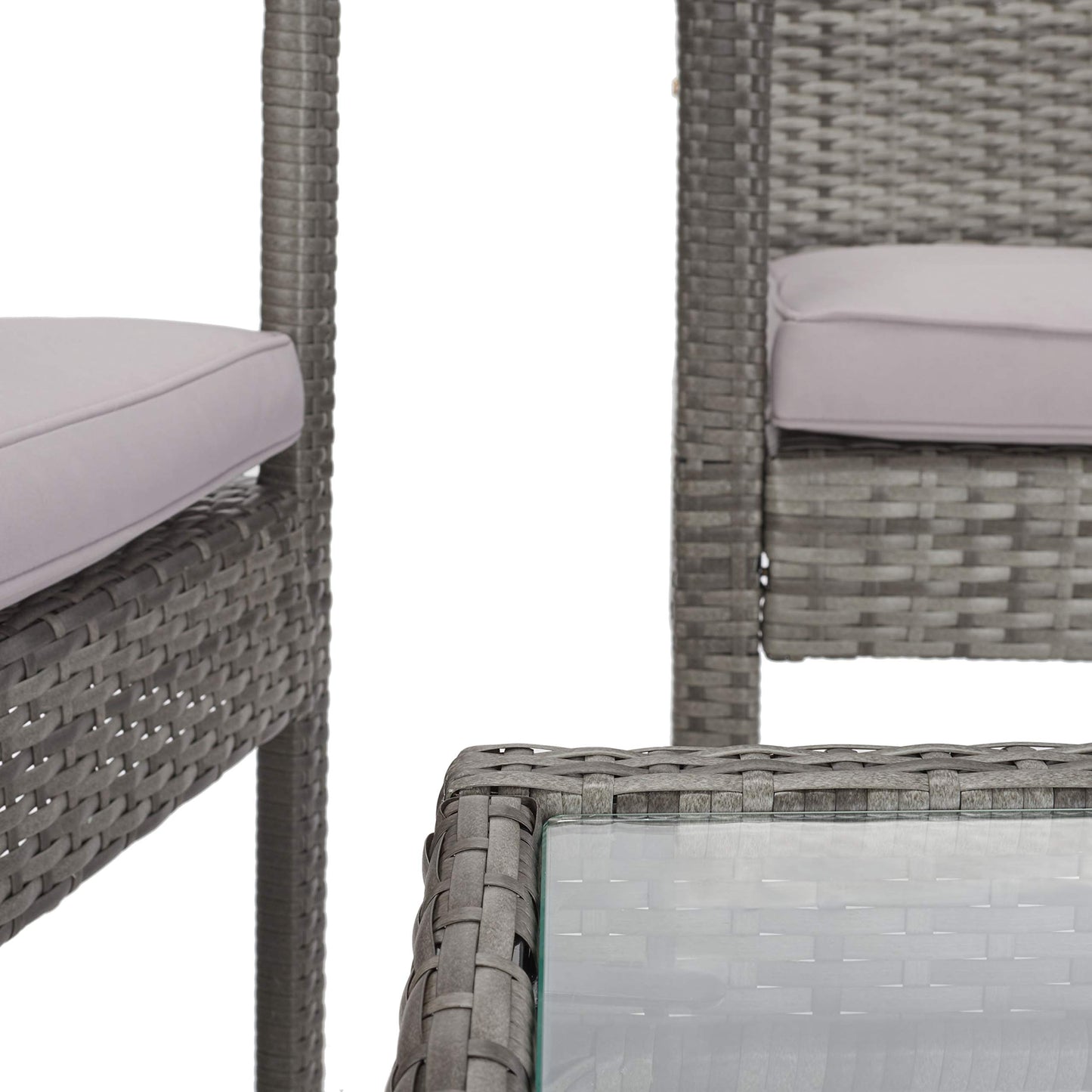 SAFAVIEH Outdoor - Bassey 4-Piece Conversation Set - Grey & Grey - Steel Frame with Cushion - Tropical Resort Woven Design with Glass Top Table - Ideal for Patio, Deck, Porch, Backyard (PAT7507B)
