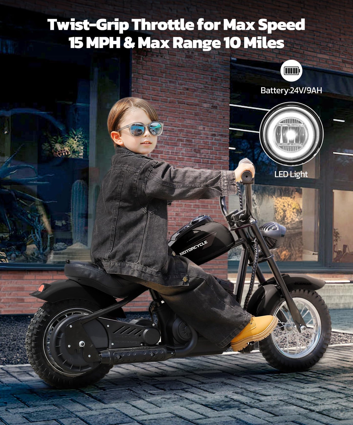 ELEMARA Electric Dirt Bike, 15 mph & 150lb Max, 24V Ride on Toy for Big Kids w/LED Lights & Power Display, Chain-Driven Motor, Twist-Grip Throttle, Shock Springs, Handbrake, 12" Air-Filled Tires-Dark