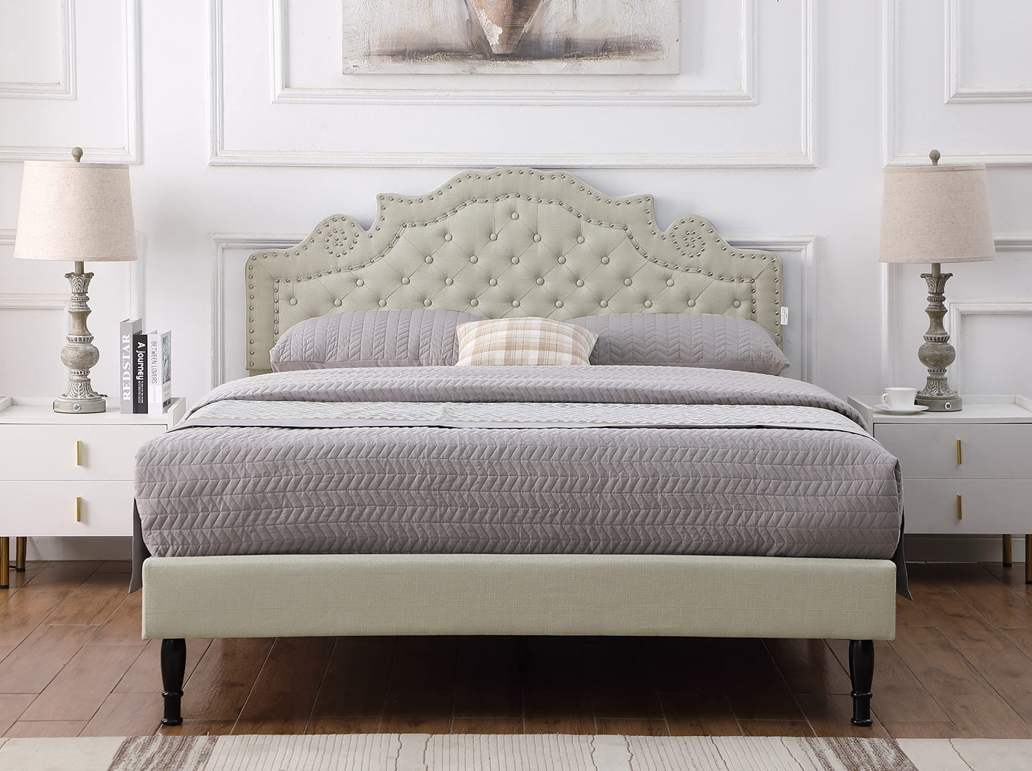 Queen Upholstered Platform Bed Frame with 47" Tall Adjustable Headboard - Button Tufted Linen Bed - Wood Slat Support with Storage Space - No Box Spring Needed - Beige - Oliver & Smith - Elizabeth