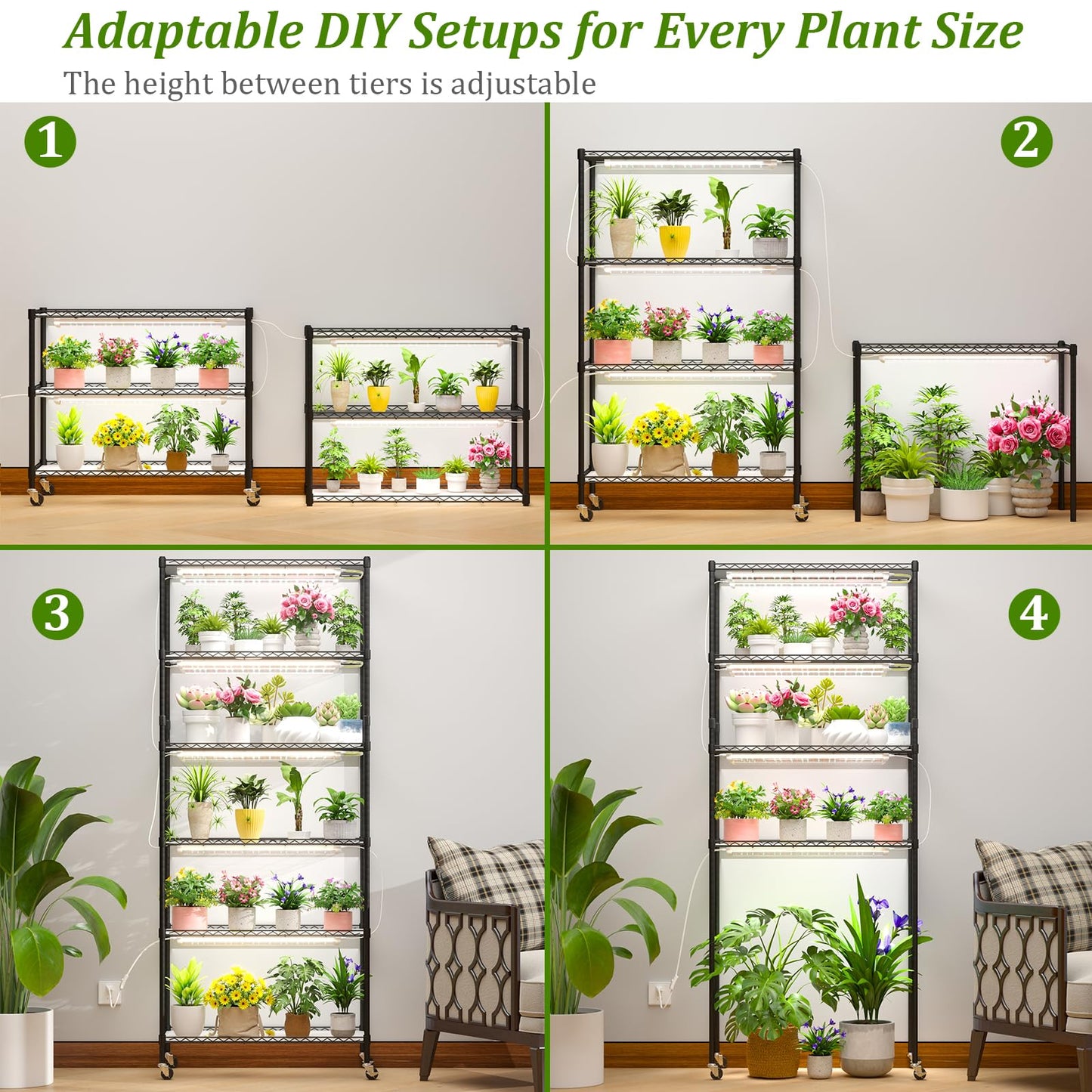 Gaudeoo Plant Stand with Grow Light, 6-Tier DIY Plant Shelf with Grow Lights for Seedlings, Greenhouse, Indoor, 8 Pack 5000K 192W LED Full Spectrum Growing Lamp with Rack, Wheel, 29"x13.5"x73.5"
