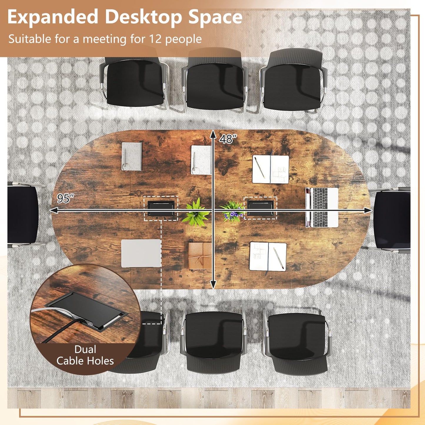 Nightcore 8 FT Oval Conference Table, 95" x 48" x 30" Large Meeting Table with Cable Holes and Strong Metal Frame for Office, Business Style Training Table for 12 People, Rustic Brown & Black