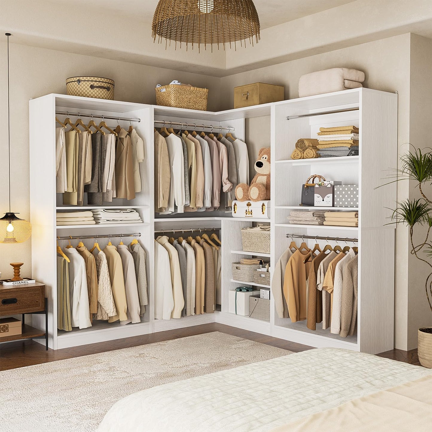 Unikito 108” Corner Closet System, 3-Piece L-Shaped Closet Organizer with 2 Closet Towers and 1 Corner Unit, Heavy Duty Wood Garment Rack with 6 Hanging Rods, Freestanding Walk-in Wardrobe, White