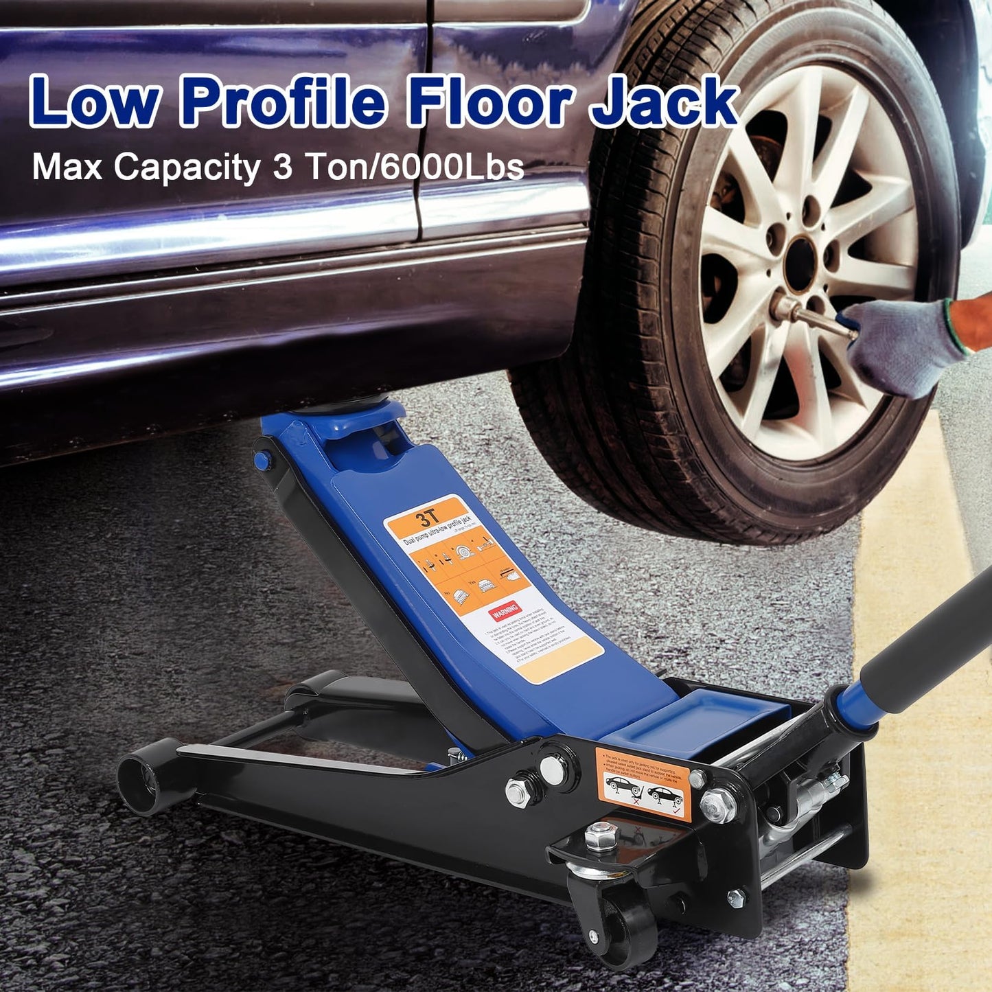 GarveeTech 3 T Low Profile Floor Jack, Professional Low Profile Hydraulic Jack, Heavy Duty Steel Racing Floor Jack with Dual Piston Quick Lift Pump,Lift Range 3 in-19.5 in,Hydraulic Car Jack, Blue