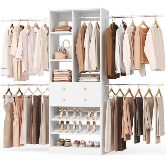 Besiost Closet System, 4.2–8.8 FT Closet Organizer with 2 Wooden Drawers and Shelves, Walk-in Closet System with 5 Hang Rods, Built-in Reach in Closet Tower, Can Fit 60 to 96 inch, White