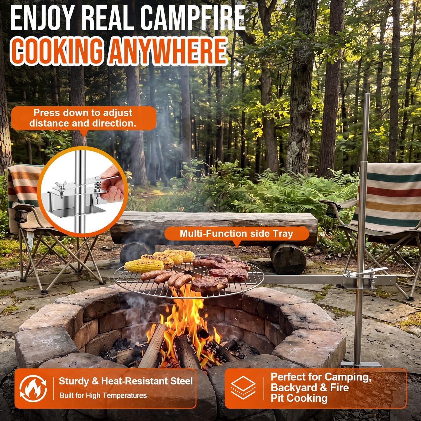 Ferrochef 24" Fire Pit Campfire Grill Grate, 24" Foldable Open Fire Cooking Grill Grate Portable Stainless Steel Camping Cooking Barbecue Rack Heavy-duty, Easy Setup & Adjustable Height for Outdoor