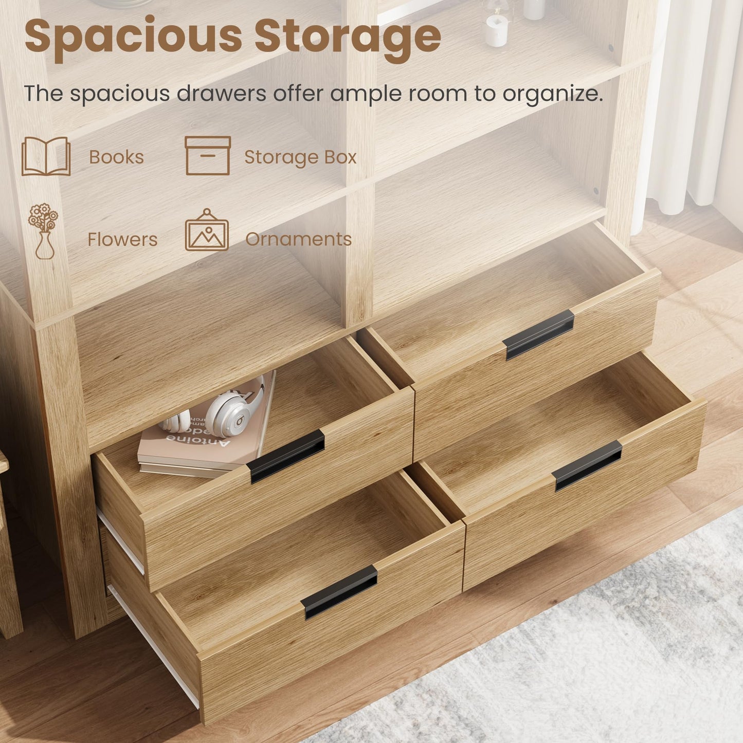 72" Tall Bookshelf with 4 Drawers, Farmhouse 6-Tier Double Wide Bookshelves and Bookcases with Storage, Freestanding Bookshelf Large Open Book Shelf for Home Offices, and Living Rooms