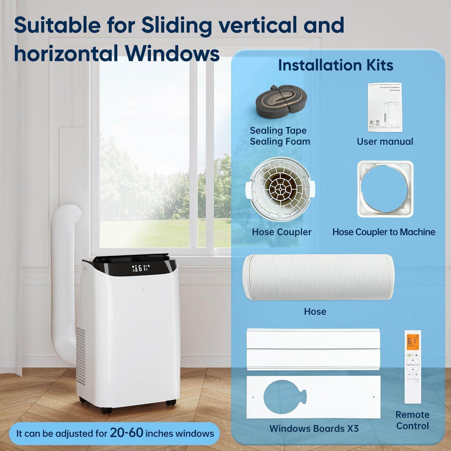 12000 BTU Portable Air Conditioners, Cools Up to 500 Sq.Ft, Free standing AC Unit, Cooling, Dehumidifier, Fan, Sleep Mode, Remote Control & Installation Kit, White
