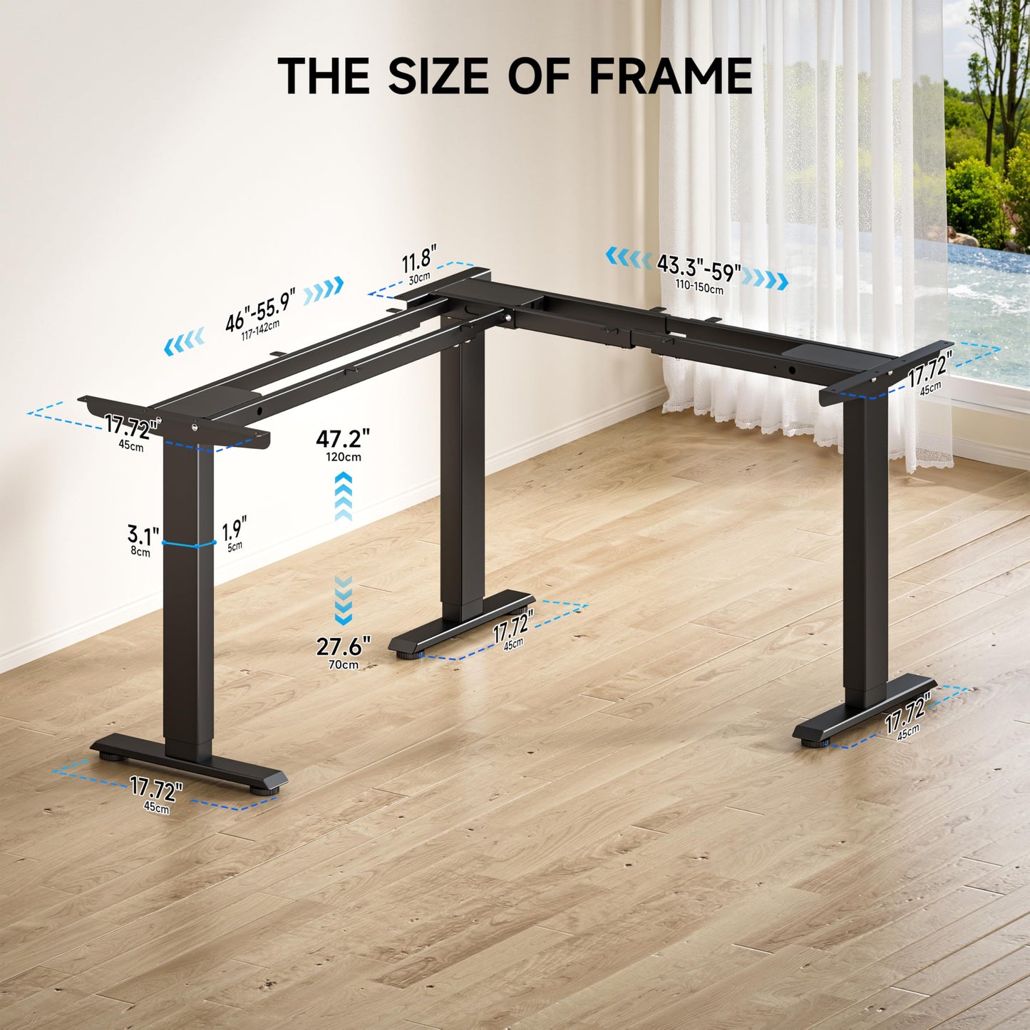 BIZUM 3 Leg Electric Standing Desk Frame,3 Motor L Shaped Standing Desk Legs up to 287 lbs,Adjustable Table Legs for Home Office,Black