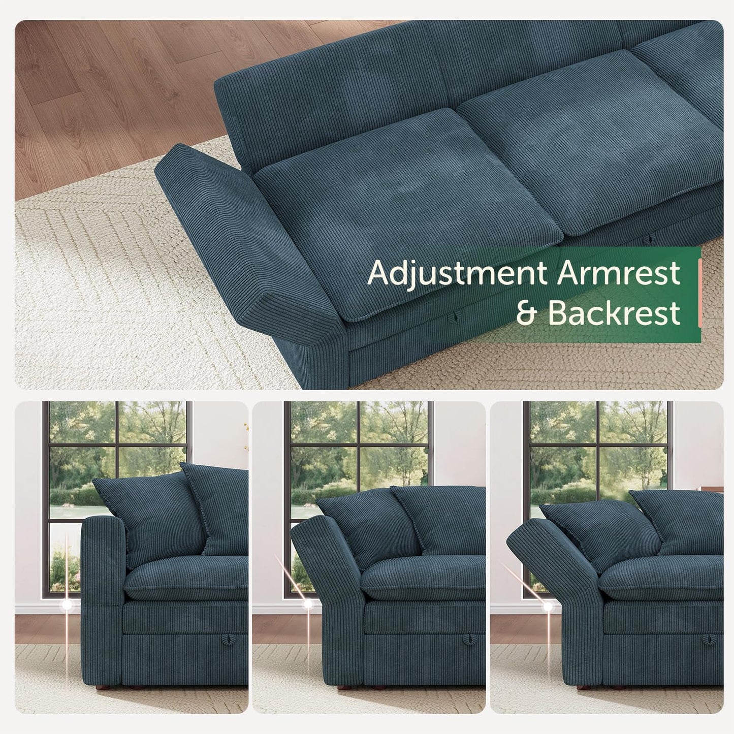 HONBAY Modular Sectional Sofa, 105.5 Inch Deep Seat U Shaped Couch with Storage & Adjustable Armrest Backrest, Blue