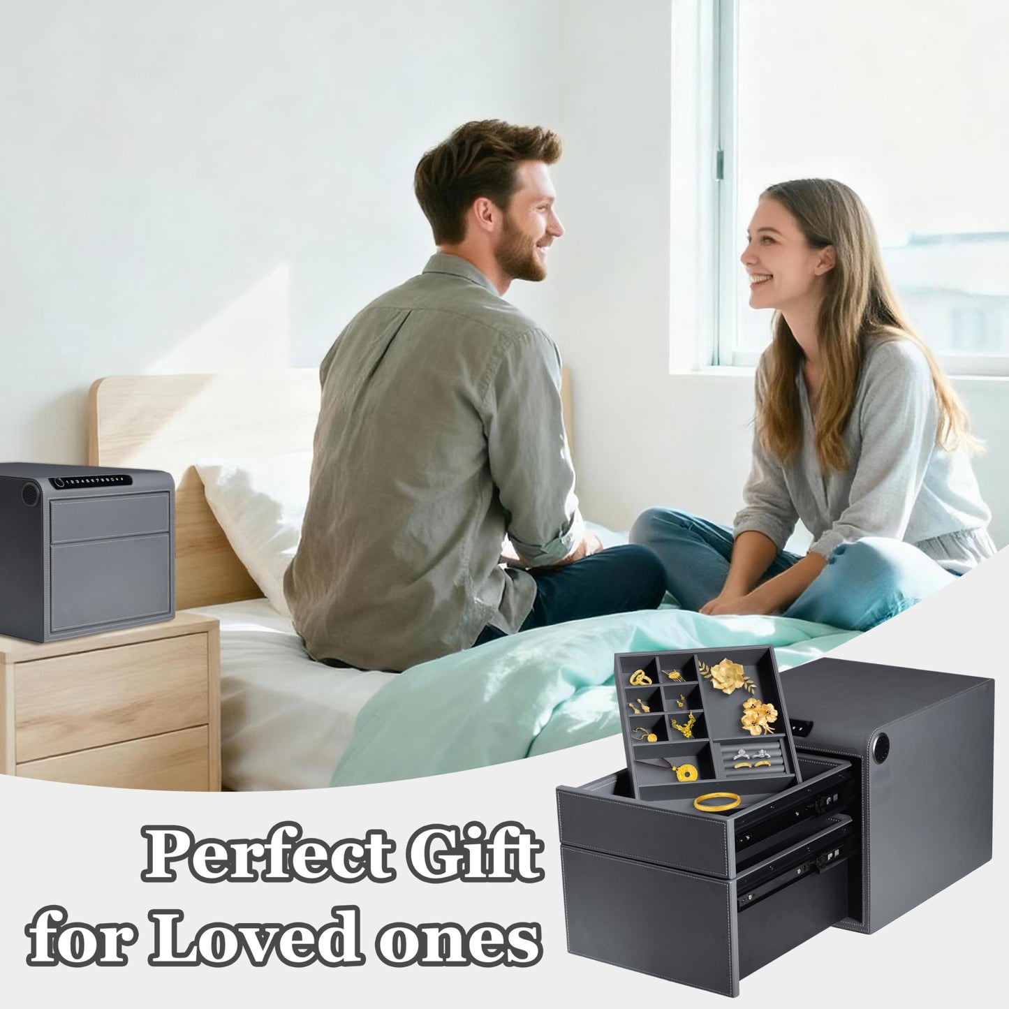 VALINIRT Jewelry Safe with Drawers，Biometric Fingerprint safe, Slide-Away Handgun Safe for Pistols, Leather Wrapped Jewelry Storage Safe, Digital Keypad & Quick-Access Drawer (Grey- 2 Drawer)