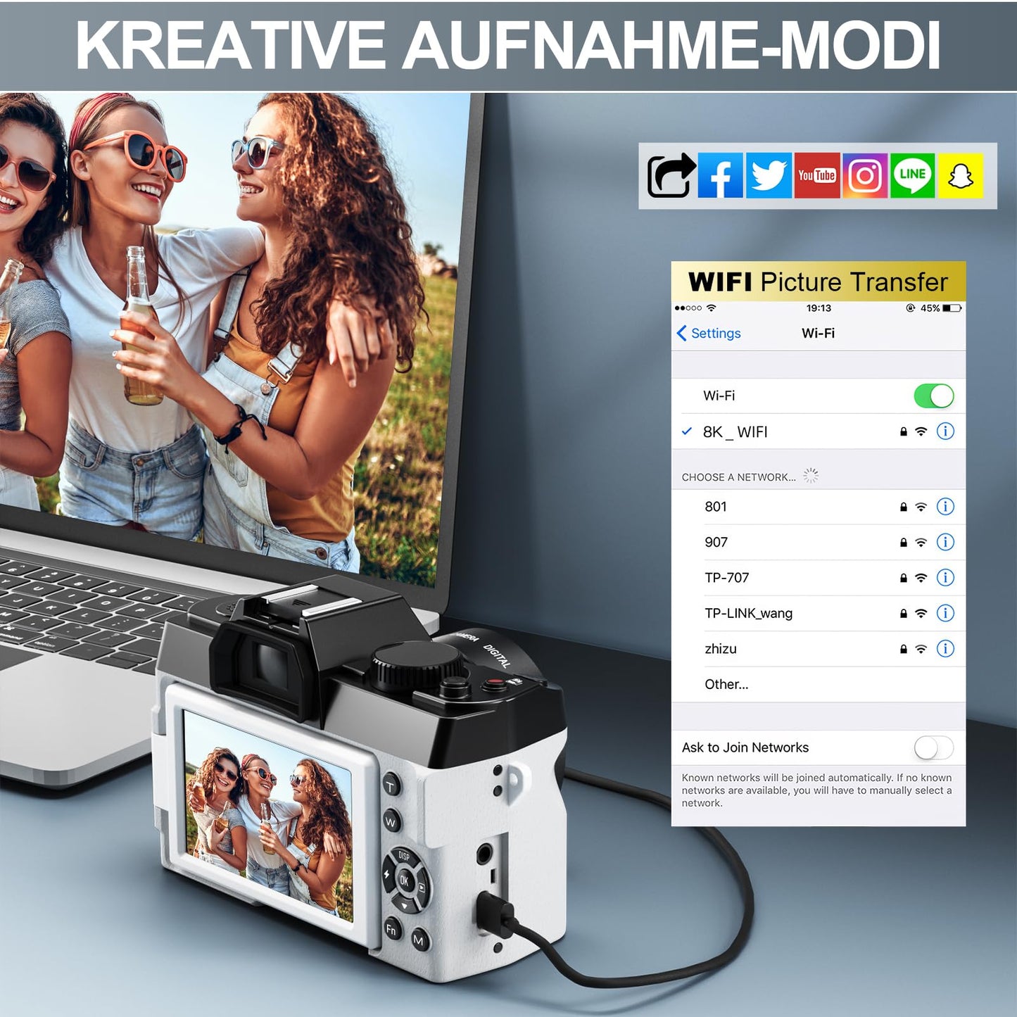 8K Digital Cameras for Photography, 64MP Vlogging Camera with 180°Flip Screen，2 Batteries, 64GB TF Card，16X Zoom, WiFi,Microphone, Wide & Macro Lens Kit (Black) (White)