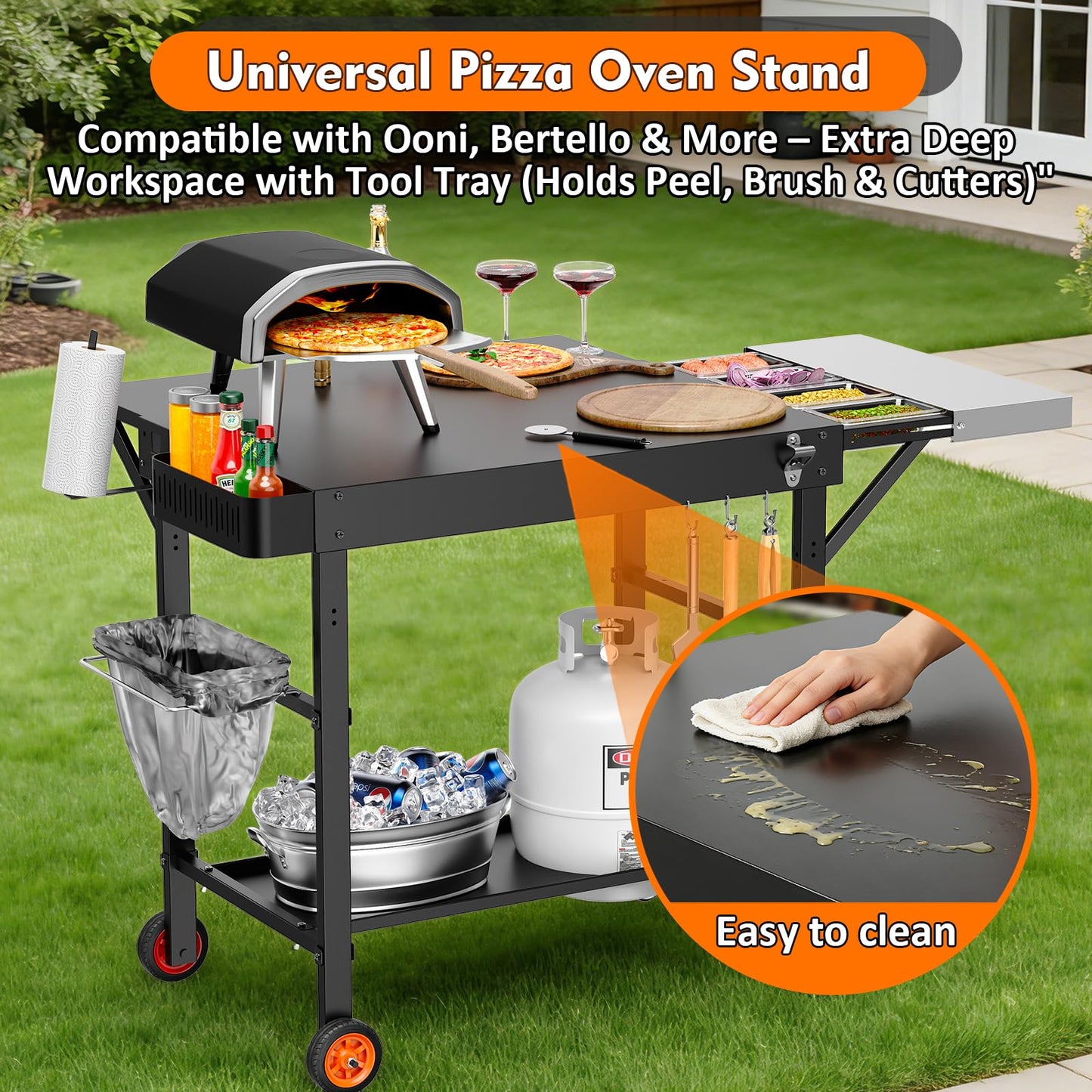 Outdoor Grill Cart for Pizza Oven, 28.8" Extra-Wide Pizza Oven Table, Heavy Duty Grill Cart with Pizza Topping Station, Grill Tables for Outside, Prep Station for Blackstone Griddle Accessories