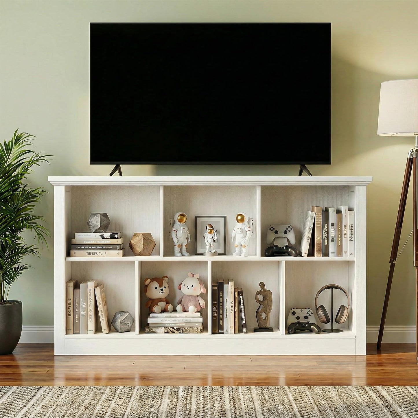 Unikito 7 Cube Storage Book Shelf - 47" Wide Wood Cube Storage Organizer, Wooden 2 Tiers Floor Standing Low Bookcase for Living Room, Bedroom, Home Office, Kids Room, Rustic White