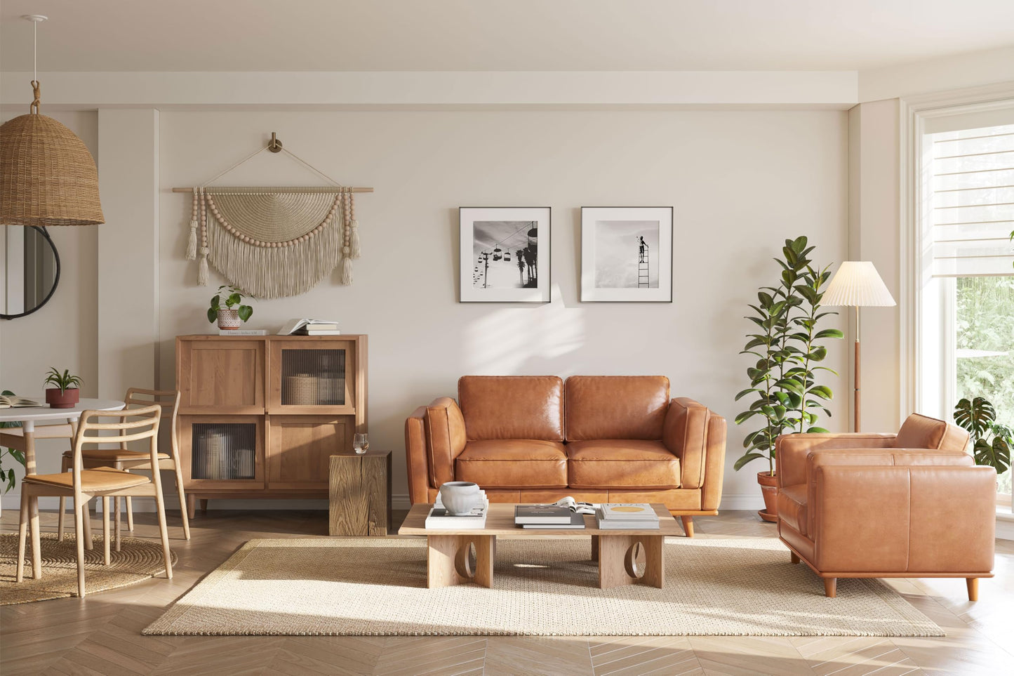Valencia Artisan Full Leather Loveseat Sofa 66” - Pure Full Italian Nappa Leather Couch, Solid Wood Accent, Ultimate Comfort, Cognac Tan