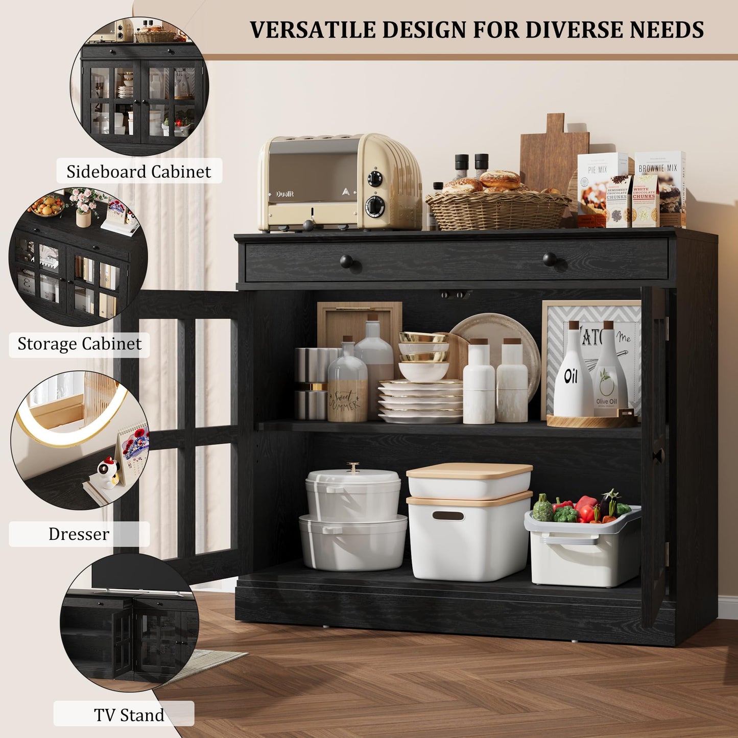 GAOMON 35.4" Modern Black Sideboard Buffet Cabinet with Glass Door, 3 Drawers & 3 Adjustable Shelves, Kitchen Coffee Bar Cabinet, 35.4" W x 30.6" H x 15.7" D