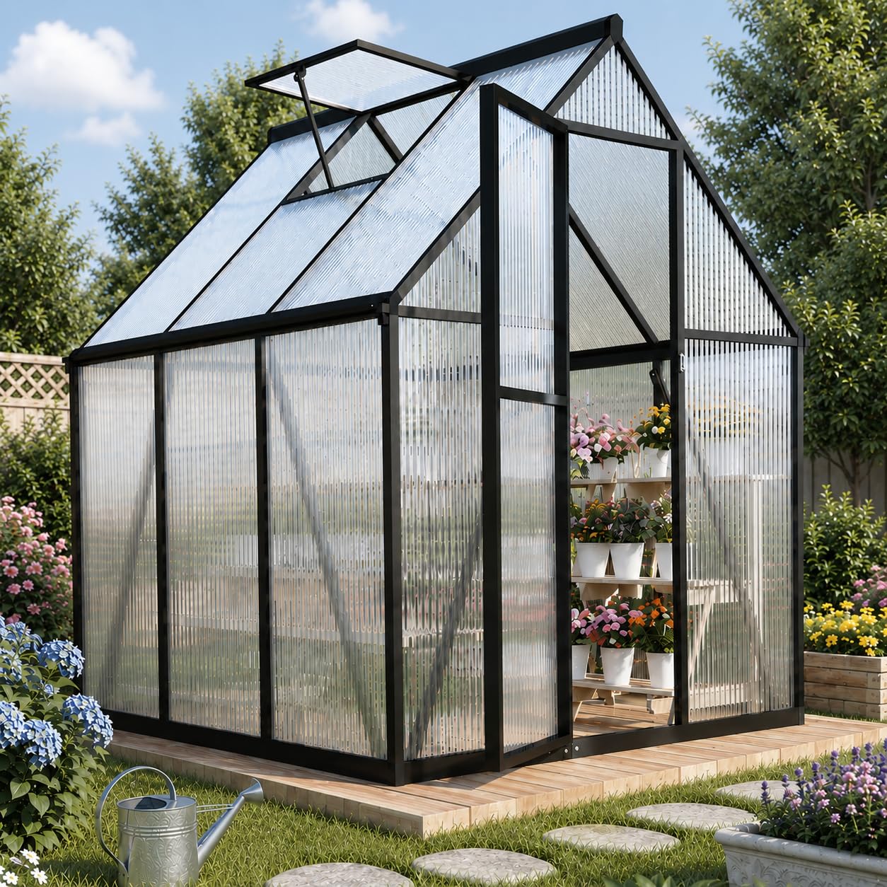 Jiliusure 6x6FT Greenhouse for Outdoors, Polycarbonate Greenhouse with Quick Setup Structure and Roof Vent, Aluminum Walk-in Green Houses for Outside Garden Backyard, Charcoal Black