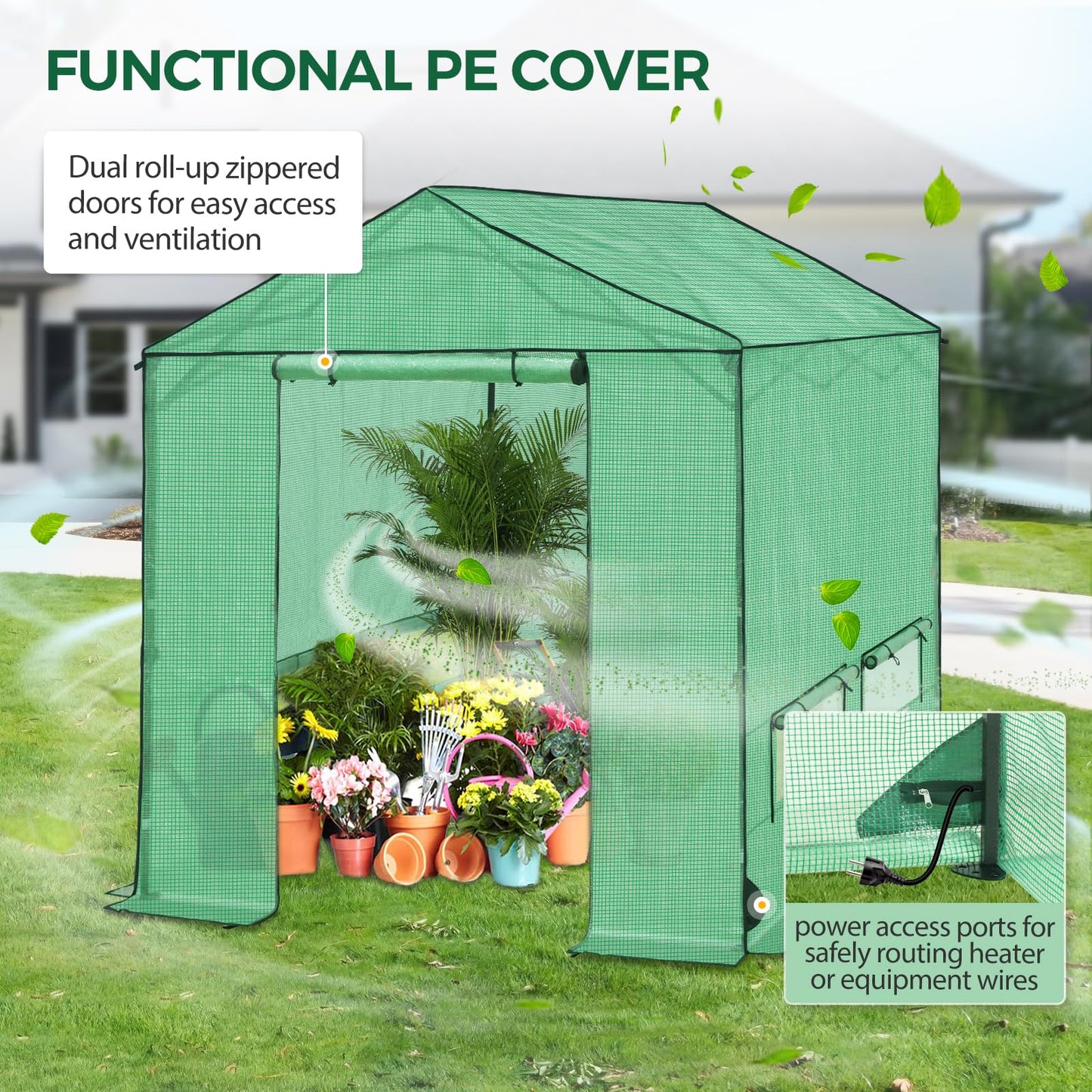 INTER HUT 8x8 Pop Up Greenhouse, Instant Walk in Green House with PE Cover, Power Ports, Roll up Doors & Windows for Indoor Outdoor Plant Growing, Green
