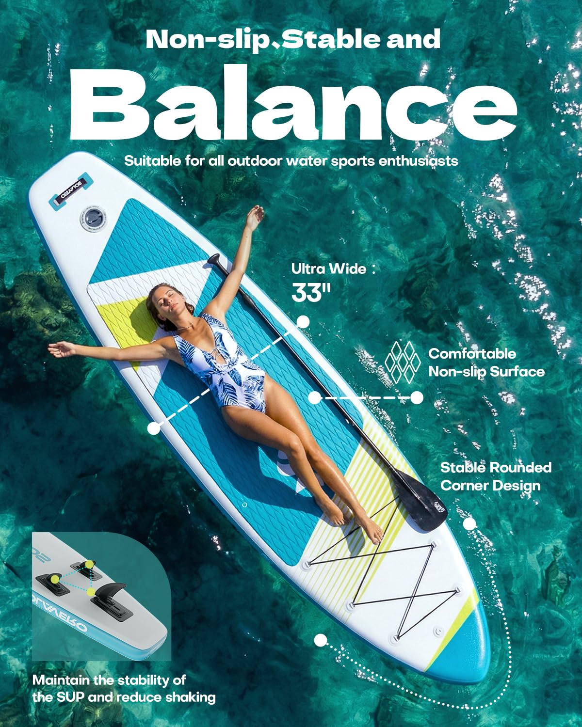 SOLAVERO 11' Inflatable Stand Up Paddle Board with SUP Accessories Kit & Backpack Portable Blow Up Paddleboard with Non-Slip Deck for Sea and Lake, All Skill Levels