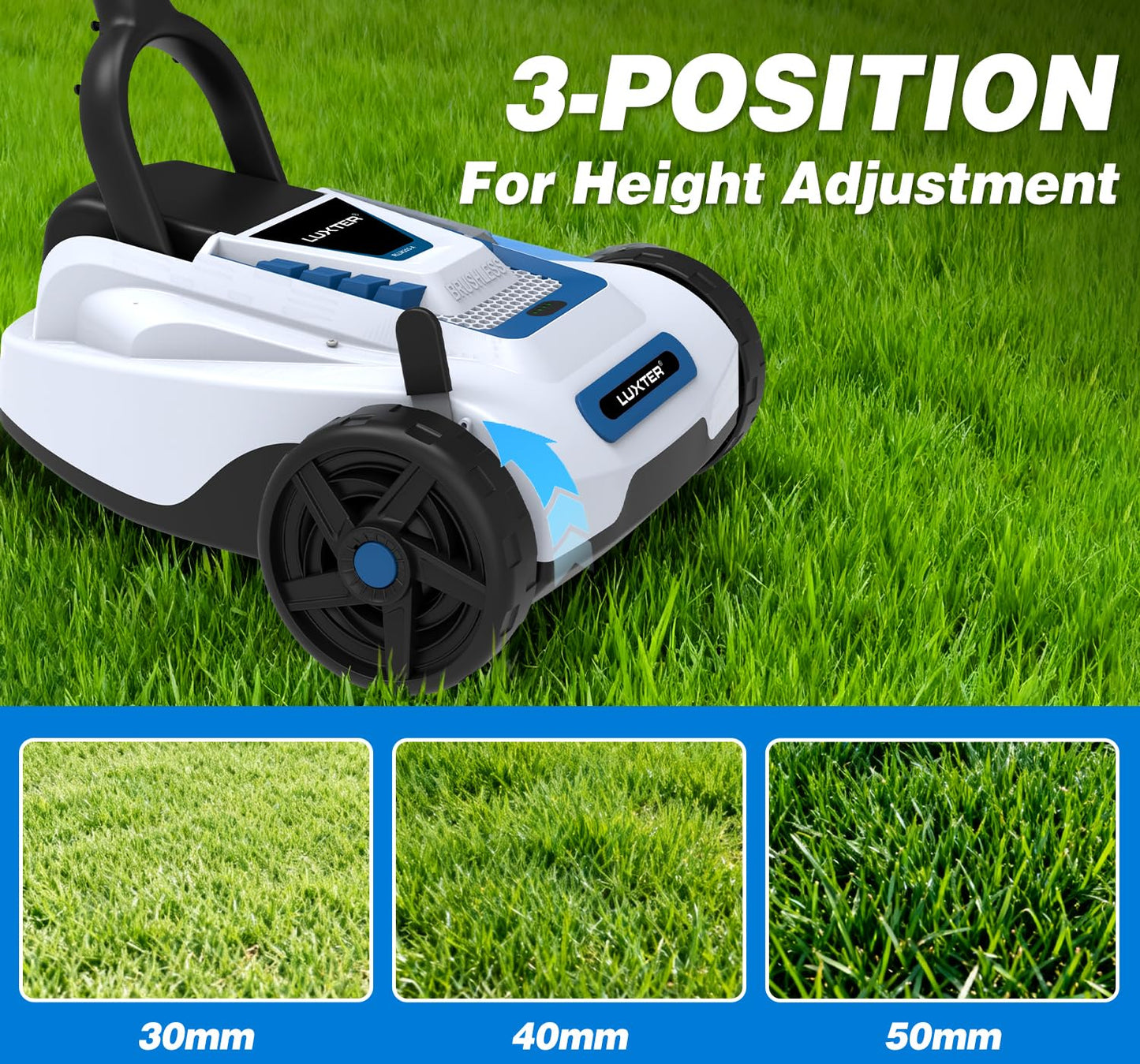 LUXTER 9 Inch Cordless Lawn Mower 6000RPM Brushless Motor 3 Adjustable Cutting Heights (1.5"-2.3") Electric Grass Trimmer 20V 4.0Ah Battery & Charger Mini Lawn Mower for Garden Yard Work and Lawn Care