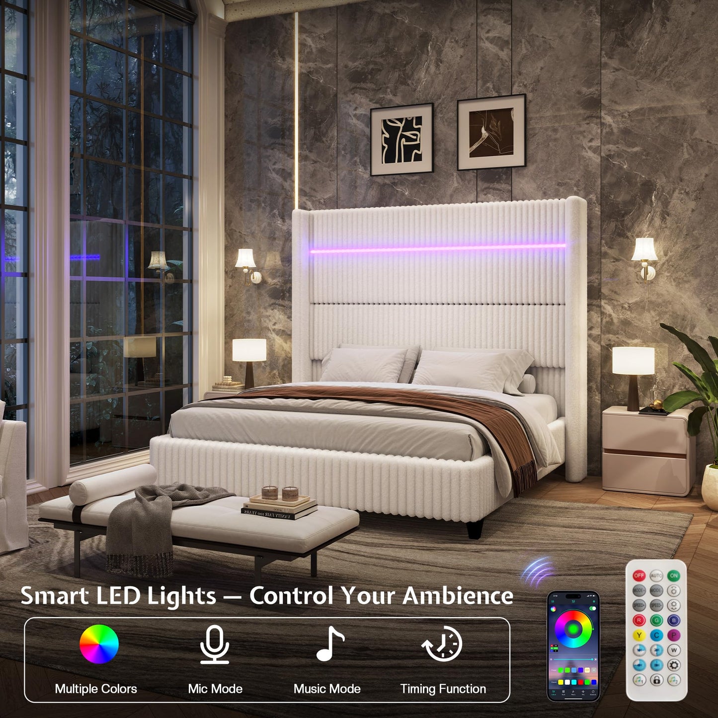 Jocisland King Faux-Fur Upholstered Bed Frame with 60" Wingback Headboard, Built-in LED/Charging, Noise-Free, Easy Assembly, No Box Spring, for Family with Kids/Pets & Luxury Bedroom, White