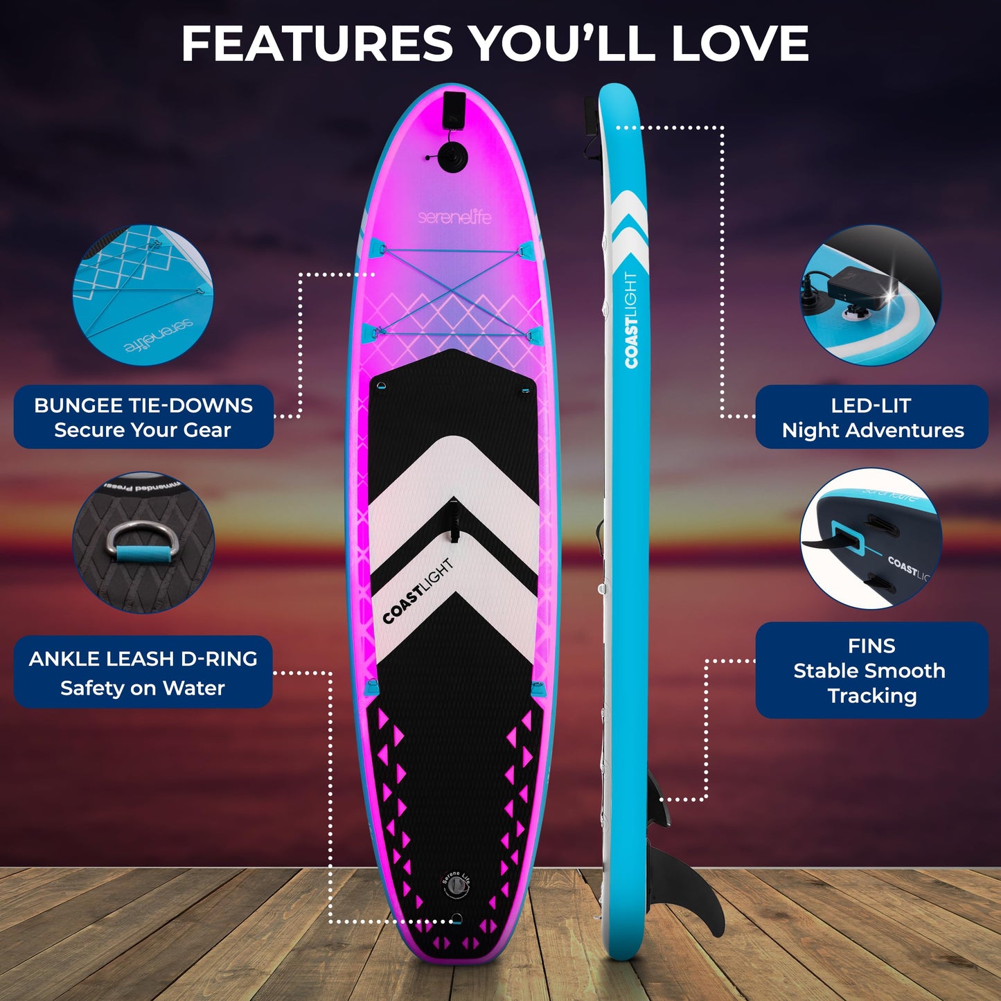 SereneLife 10’6” Inflatable Stand-Up Paddle Board with LED Lights - 32” Wide Stable Design with Double-Layer Sidewalls, Non-Slip Deck Pad, Premium SUP Accessories, for Youth and Adults