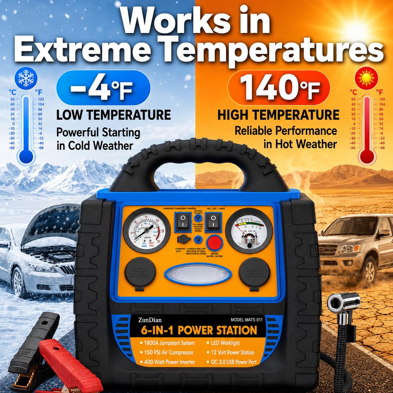 Car Jump Starter with Air Compressor, 1800A Battery Booster Pack for Up to 8.0L Gas & 6.0L Diesel, 150PSI Tire Inflator, 400W Portable Power Station with AC Outlet, 6-in-1 Jump Box for Cars, Trucks