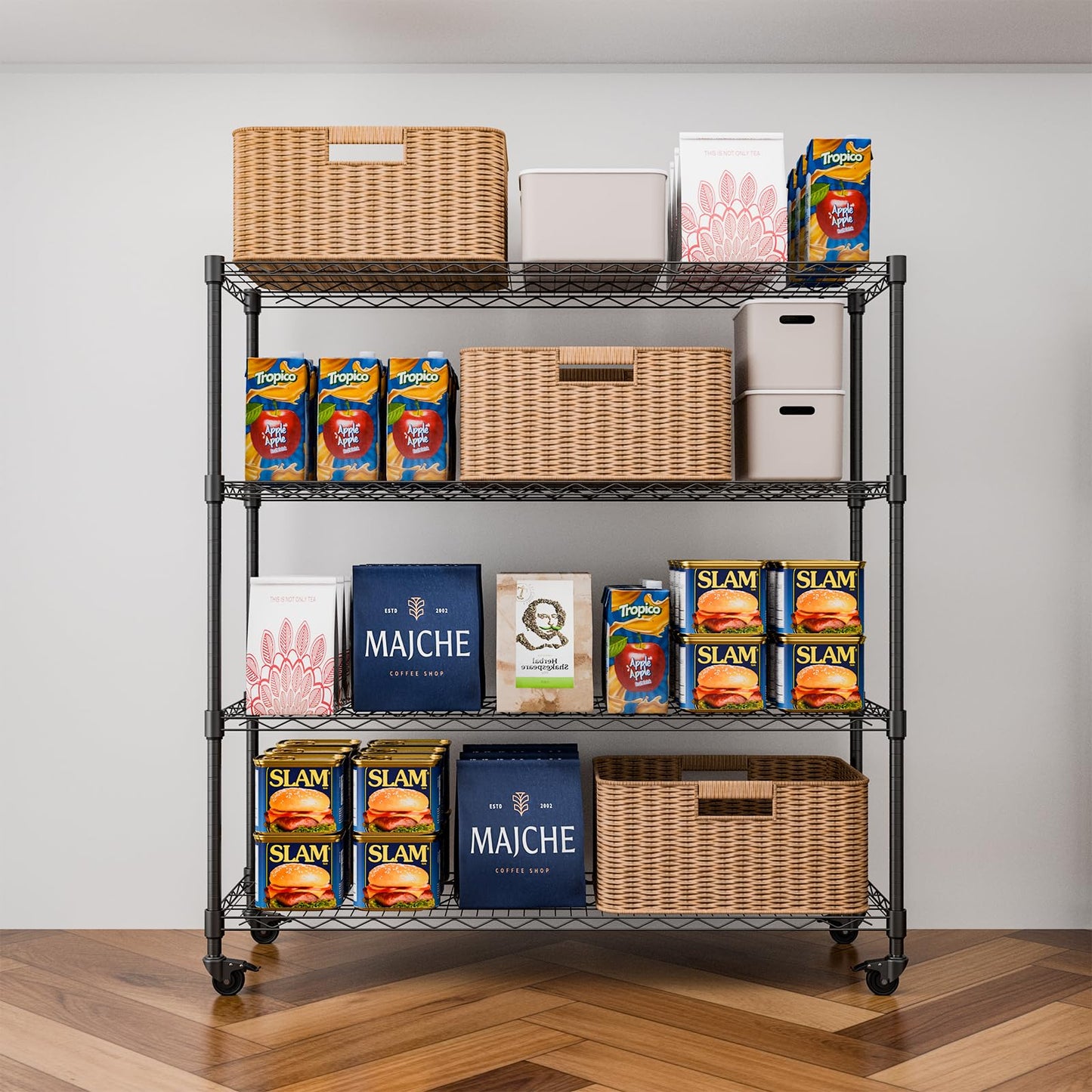 NULTRUMA Storage Shelves, Heavy Duty 4 Tier Storage Metal Shelves with Wheels, 2500LBS Capacity Adjustable Metal Wire Shelving Unit for Garage, Pantry, Kitchen, Closet, Commercial & Industrial Use