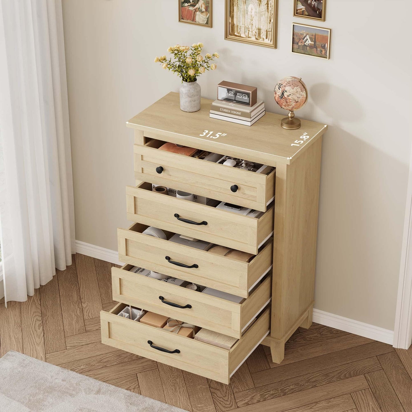GarveeHome 5 Dresser for Bedroom, 41.3 in Tall Vertical Drawer Dresser with Large Storage, Freestanding Wooden Closet Chest for Bedroom, Living Room, Natural Oak