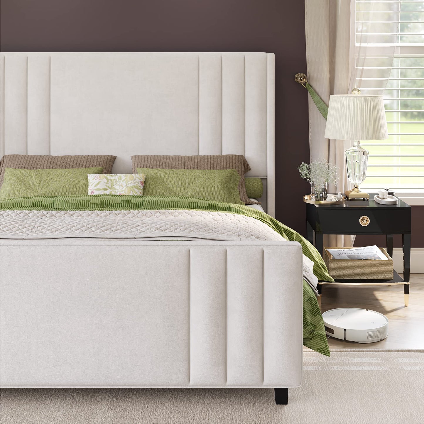 AMERLIFE Queen Size Bed Frame, Velvet Upholstered Platform Bed with Vertical Channel Tufted Headboard & Footboard/Wingback, Mattress Foundation with Wood Slats, No Box Spring Needed, Cream