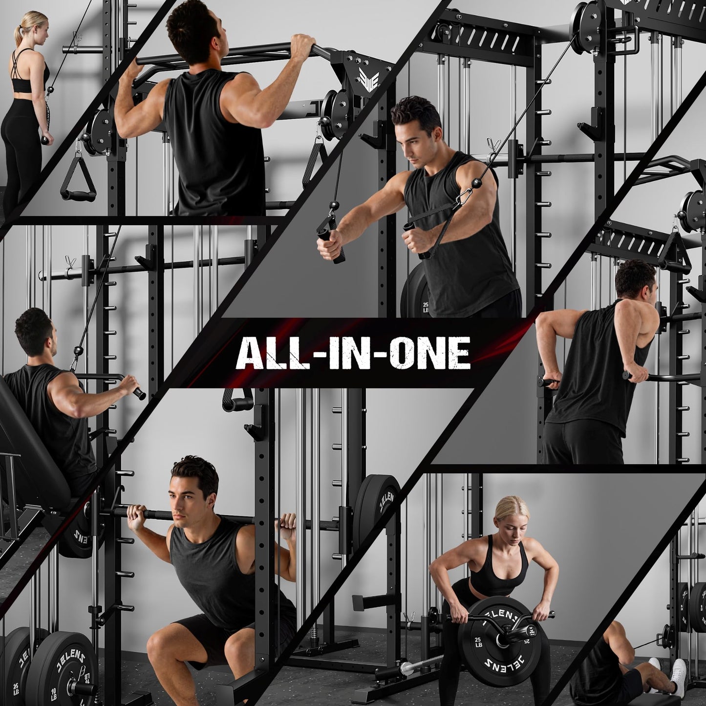 JELENS M21 Smith Machine, Multi-Function Power Cage with Dual Pulley Cable Crossover System, 2000LBS All-in-One Squat Rack with Smith Bar and Attachments (Black, M21 Home Gym Package)