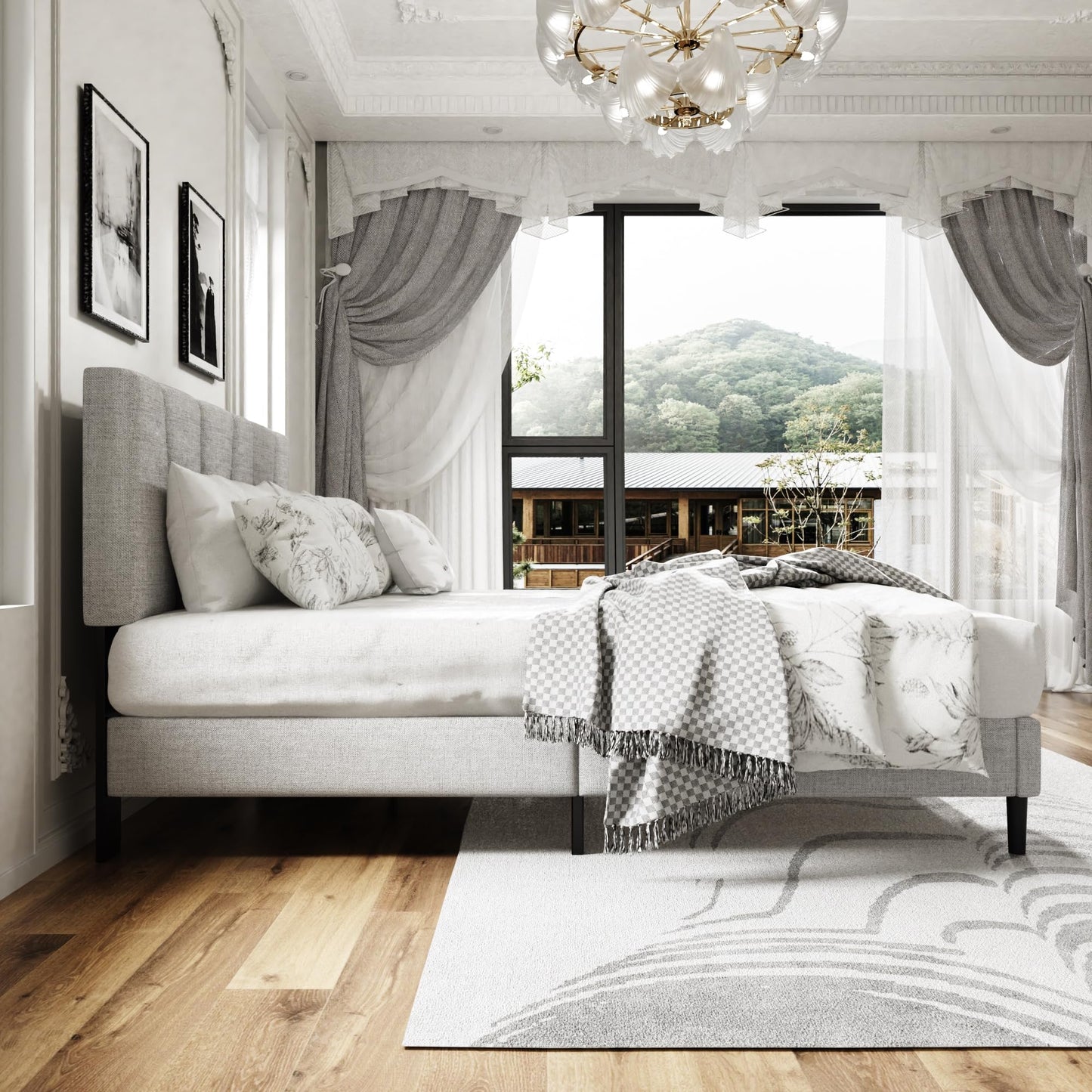 Sismplly Queen Size Platform Bed Frame with Upholstered Headboard, Wooden Slats Support, Noise Free, No Box Spring Needed, Easy Assembly, Light Grey, Linen