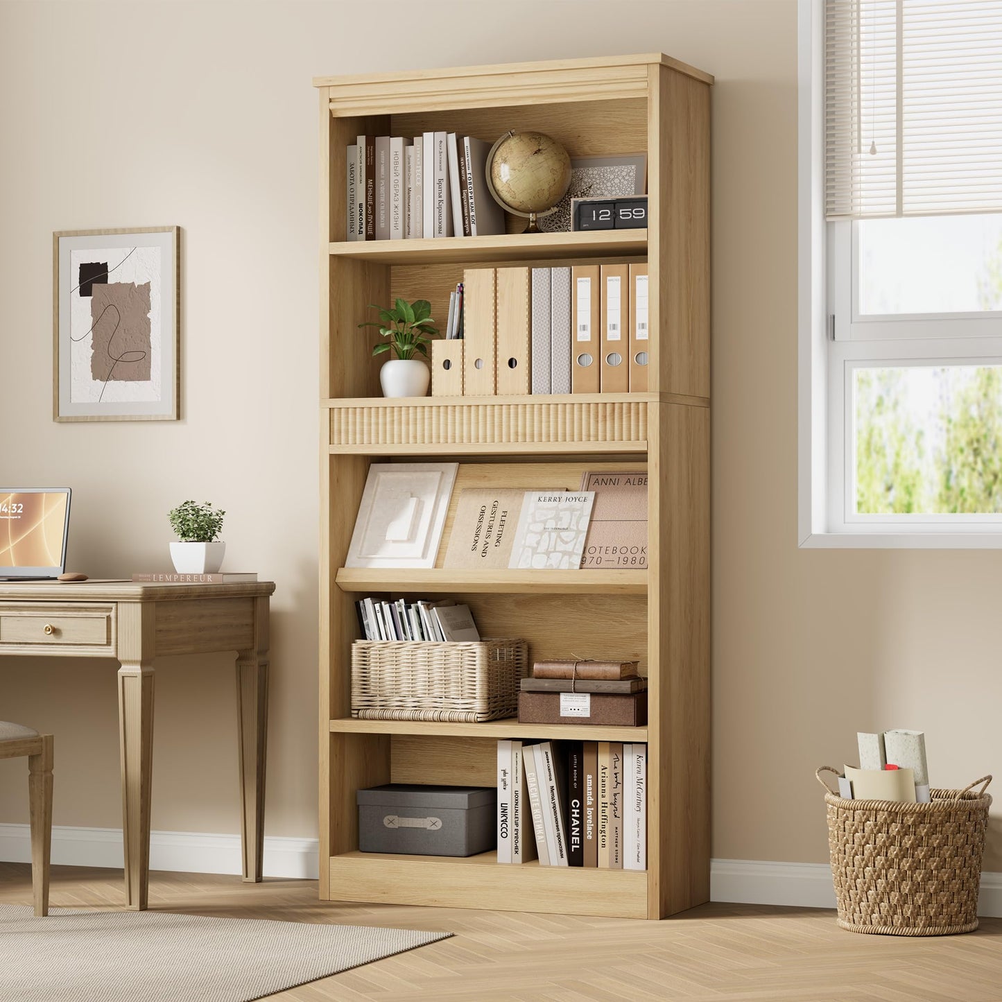 GarveeHome 71 in Farmhouse Bookcase w/Display Rack & Fluted Design, 5 Tier Tall Bookshelf with Wooden Base, Wood Bookshelf Vintage Book Shelf for Office Library (Nature, 71.5" H x 30.7" W x 11.9" D)