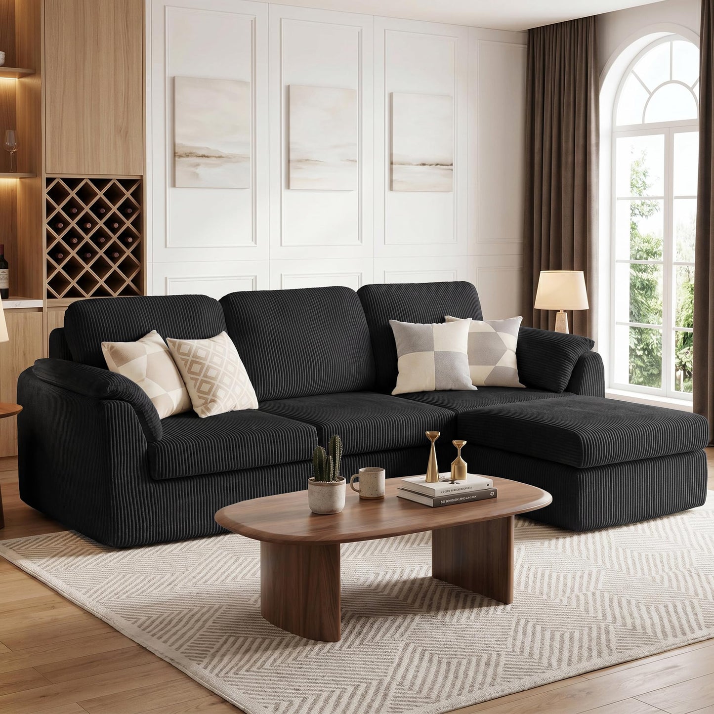 Vongrasig Boneless Convertible Sectional Sofa Couch, 3 Seat L Shaped Sofa with Removable Pillows Plush Corduroy Fabric Small Couches for Living Room, Apartment and Office, Black