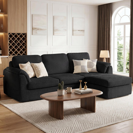 Vongrasig Boneless Convertible Sectional Sofa Couch, 3 Seat L Shaped Sofa with Removable Pillows Plush Corduroy Fabric Small Couches for Living Room, Apartment and Office, Black