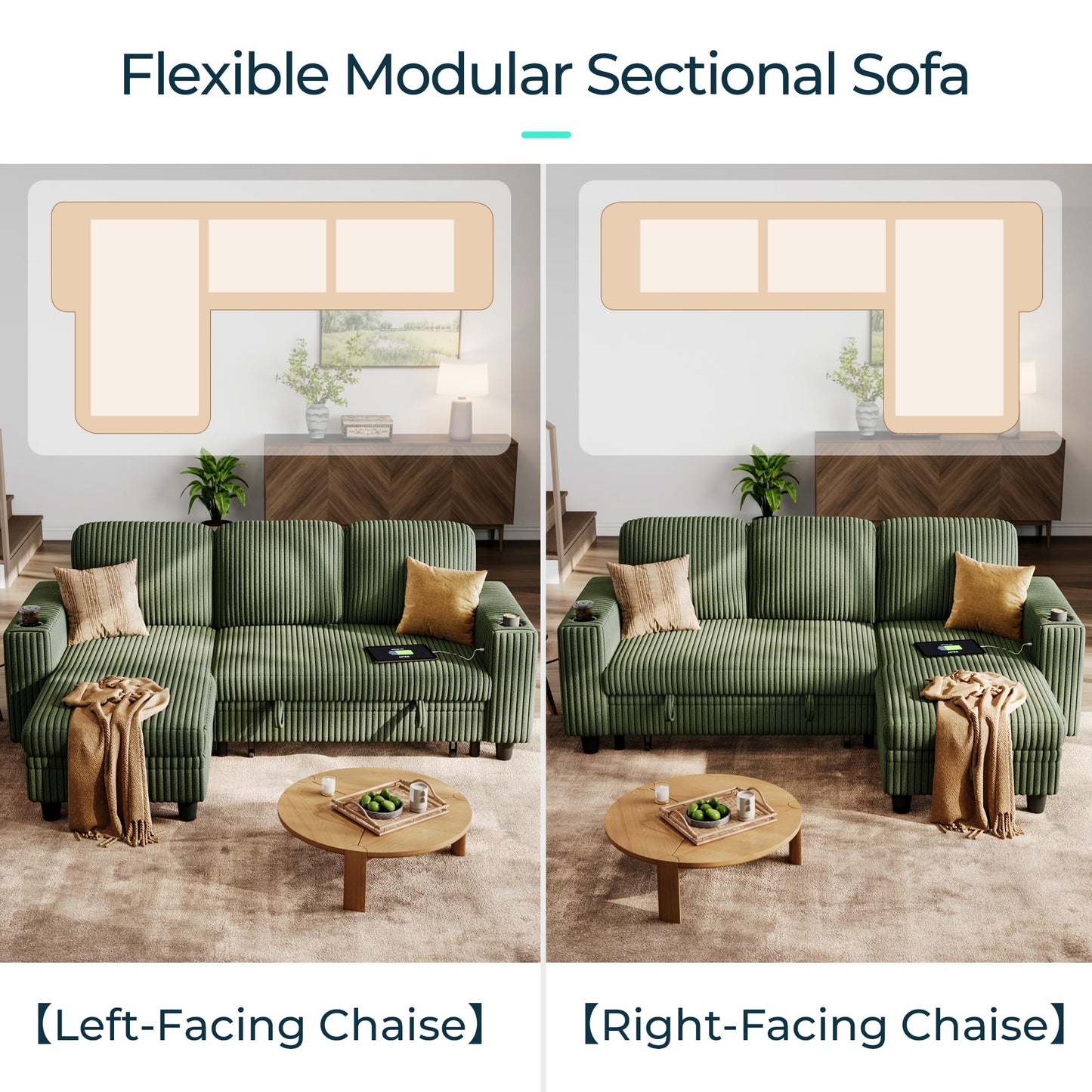 LINSY HOME Pull Out Sleeper Sofa Sectional Couches for Living Room, L Shaped Plush Corduroy Couch with Storage&USB Charging, Convertible Cloud Sectional Sofa Bed for Apartment, Green