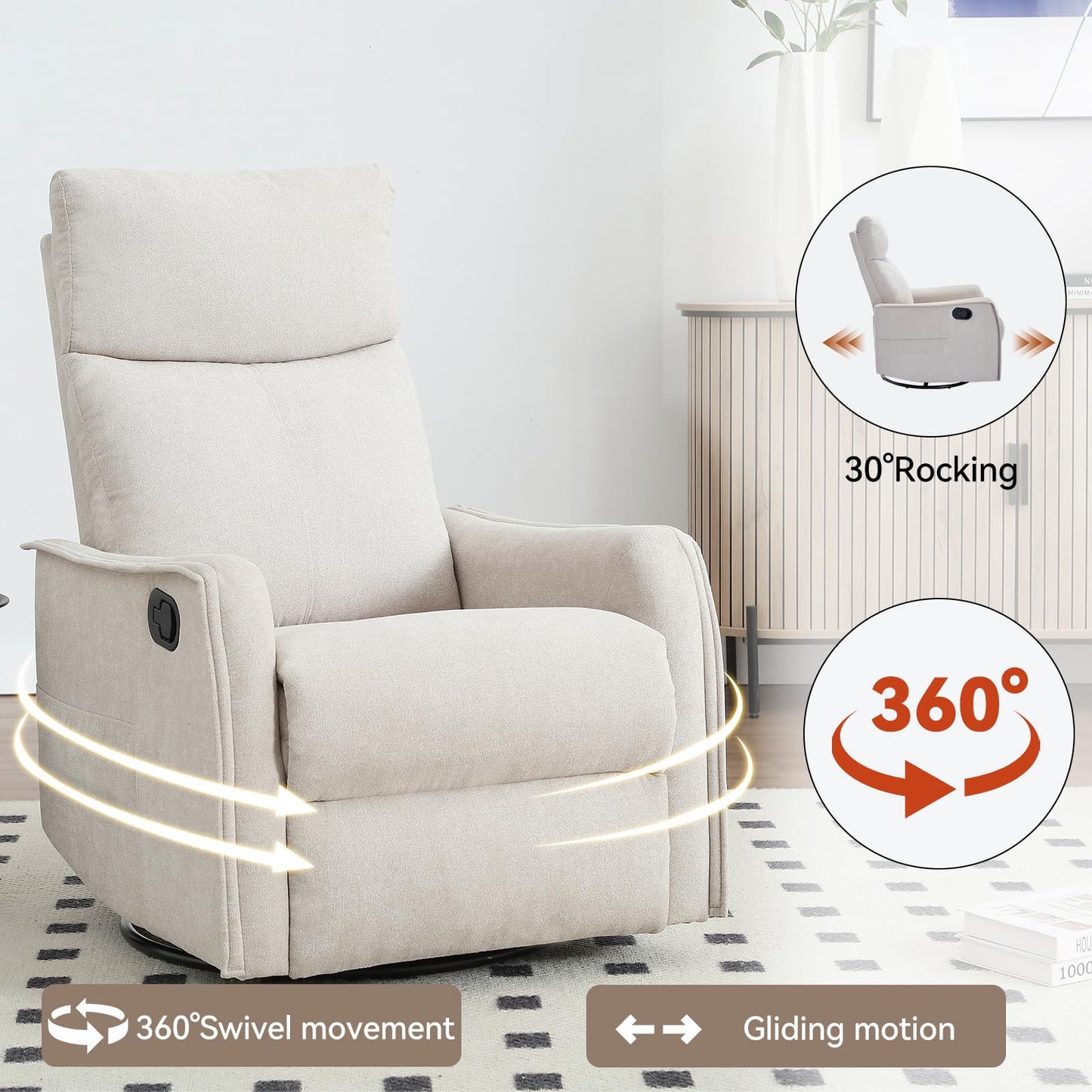 KEIKI 4-in-1 Manual Swivel Rocker Recliner Chair for Home Living Room, Polyester Chair with Back Massager & Heat, Home Theater Seating with Lumbar Support, Reading Lounge Chair for Old Money, Beige