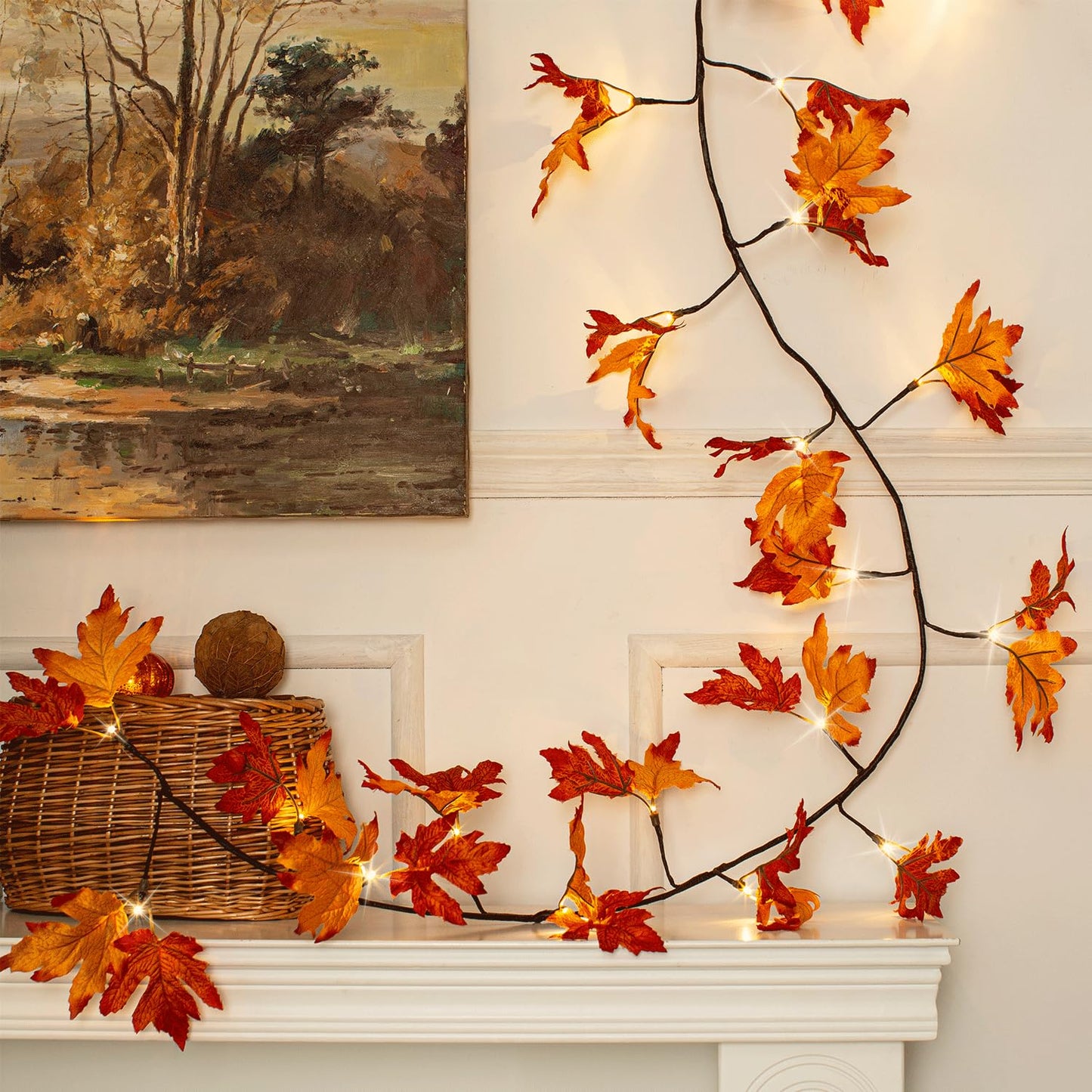 NWLIGHT Fall Garland with Lights, 6.56Ft Orange Maple Leaf, 24 LED, Timer, Indoor Autumn Decoration