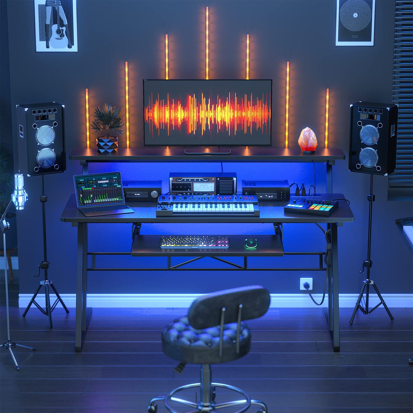 Armocity Music Studio Desk, Music Production Workstation with Power Outlets and RGB LED Lights, Recording Studio Table Desks Music Producer for Home, Black