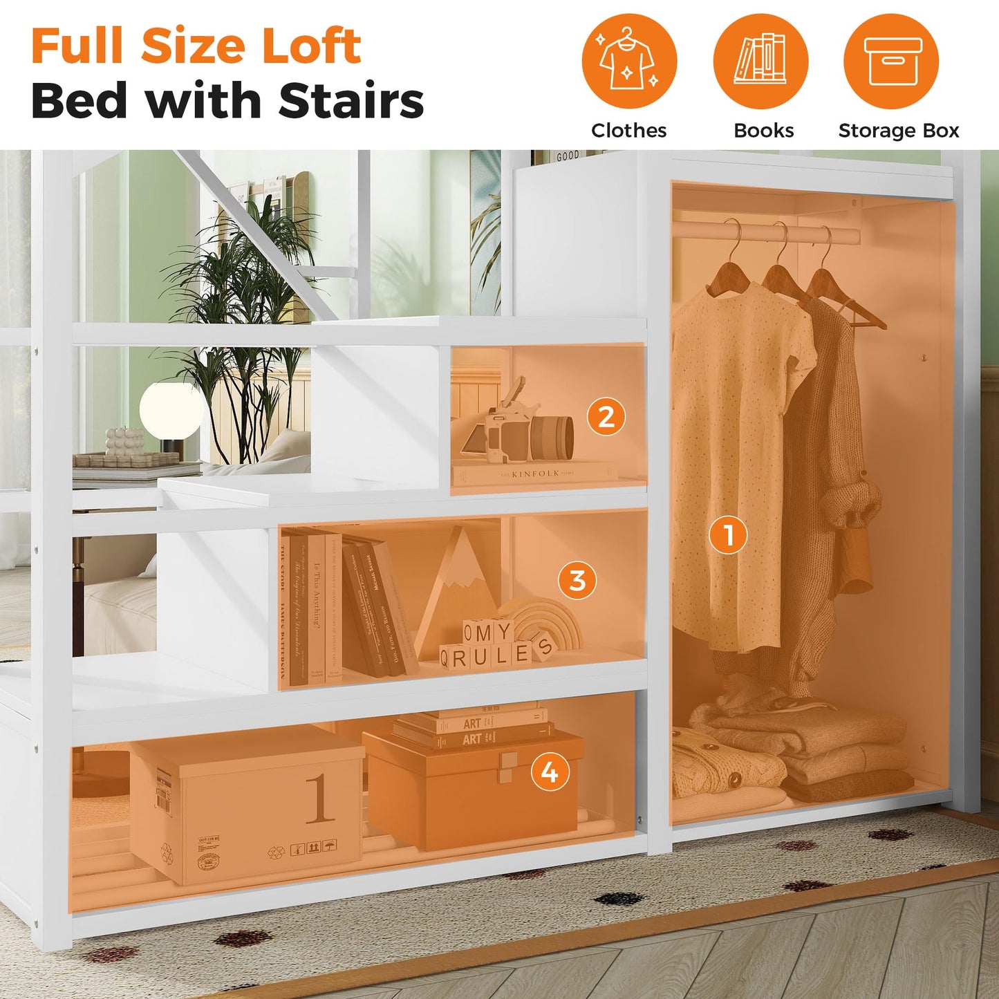 IZLKQC Full Size Loft Bed with Built-in Storage Stairs, Wardrobe, Metal High Loft Bed Frame with Sided Guardrail, Solid Slats, Space Saving Loft Bunk Bed Frame with Wardrobe for Kids Teens, White